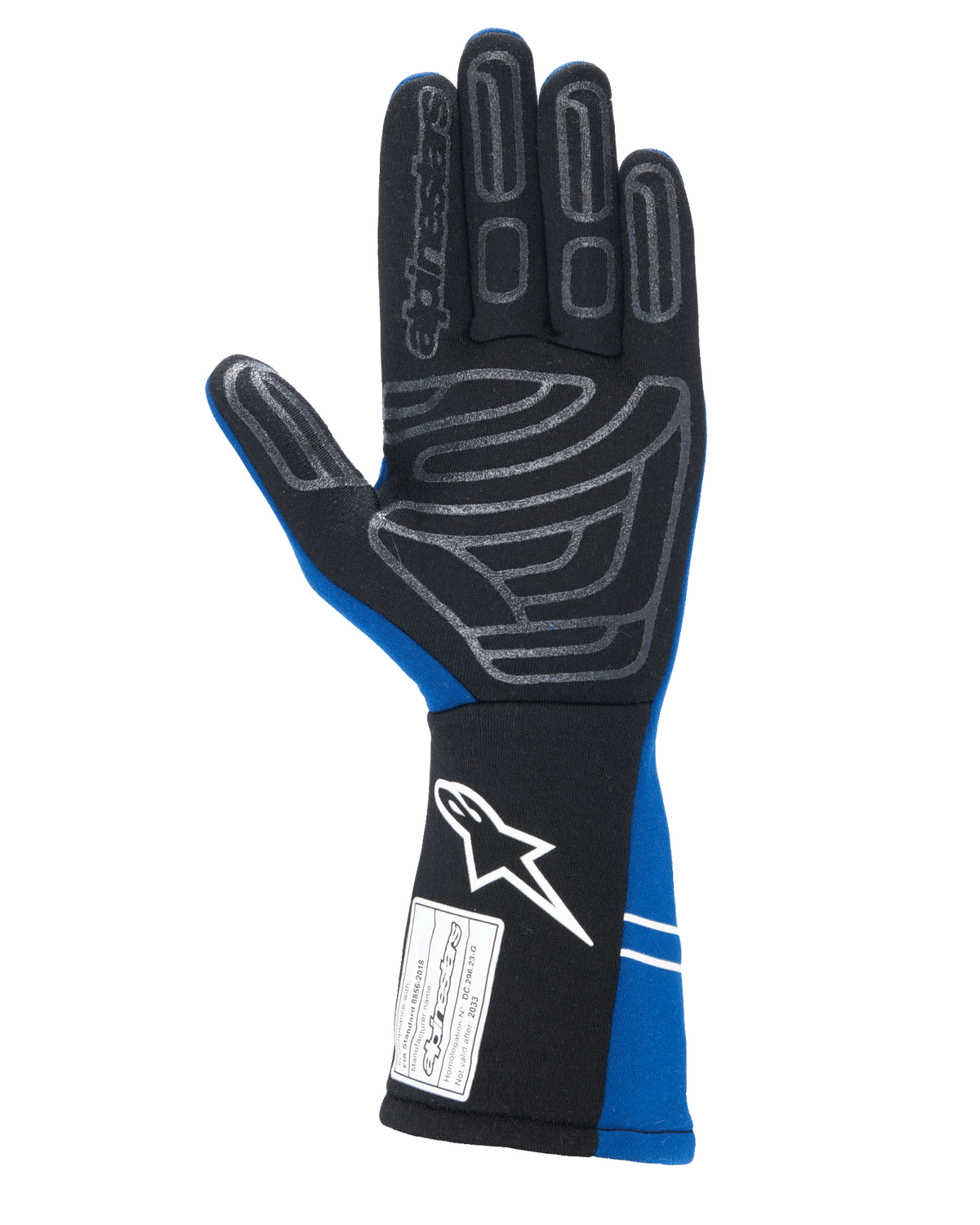 Alpinestars Tech-1 Start V4 FIA-handschoenen, autoracehandschoenen, koningsblauw en zwart, handpalmaanzicht met grijs siliconen grippatroon op de vingers en handpalm, verlengde manchet met wit logo en FIA-homologatielabel