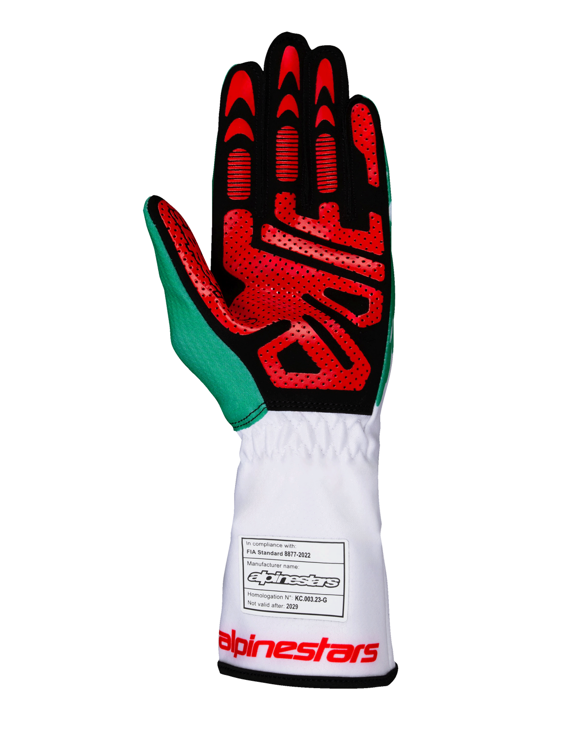 Alpinestars Tech-1 K V3 Gloves, Karting Gloves, White Green and Red, palm view featuring black synthetic suede with red silicone grip patterns, green thumb accent, white long cuff with FIA homologation label and red branding, professional racing gear