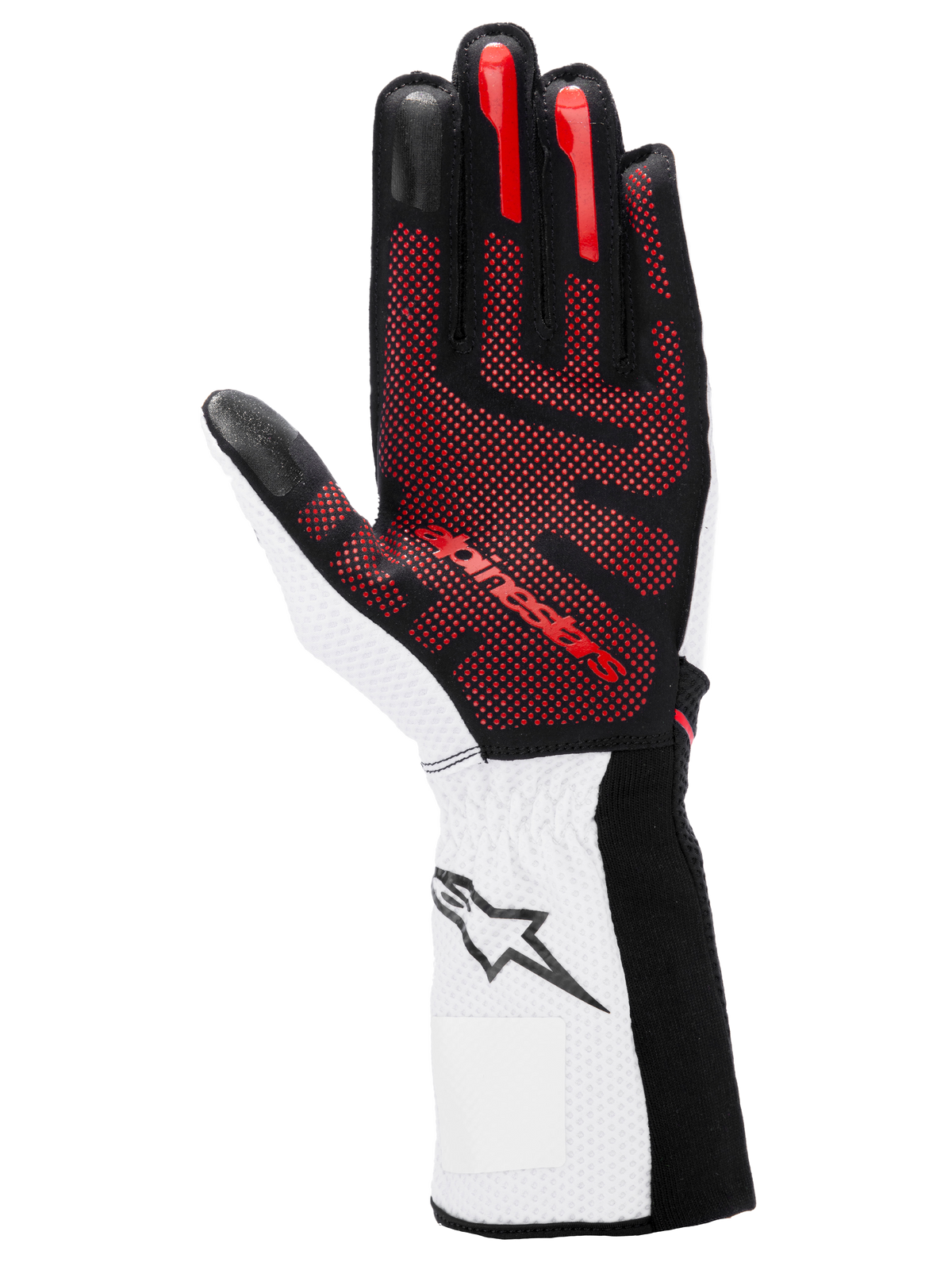 Alpinestars Tech-1 KX V4 handschoenen, karthandschoenen, zwart wit en rood, handpalmaanzicht met rood 3D-siliconen grippatroon, witte pols met zwart sterlogo, hoogwaardig motorsportontwerp