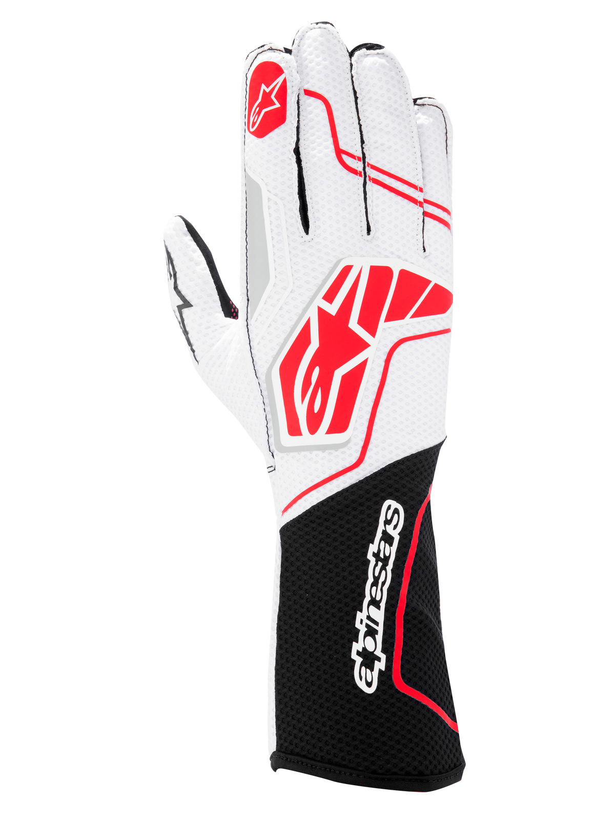 Alpinestars Tech-1 KX V4 handschoenen, karthandschoenen, zwart wit rood, voorzien van een ademende witte mesh bovenkant met rode Alpinestars logo's en een zwarte polsmanchet met wit woordmerk.