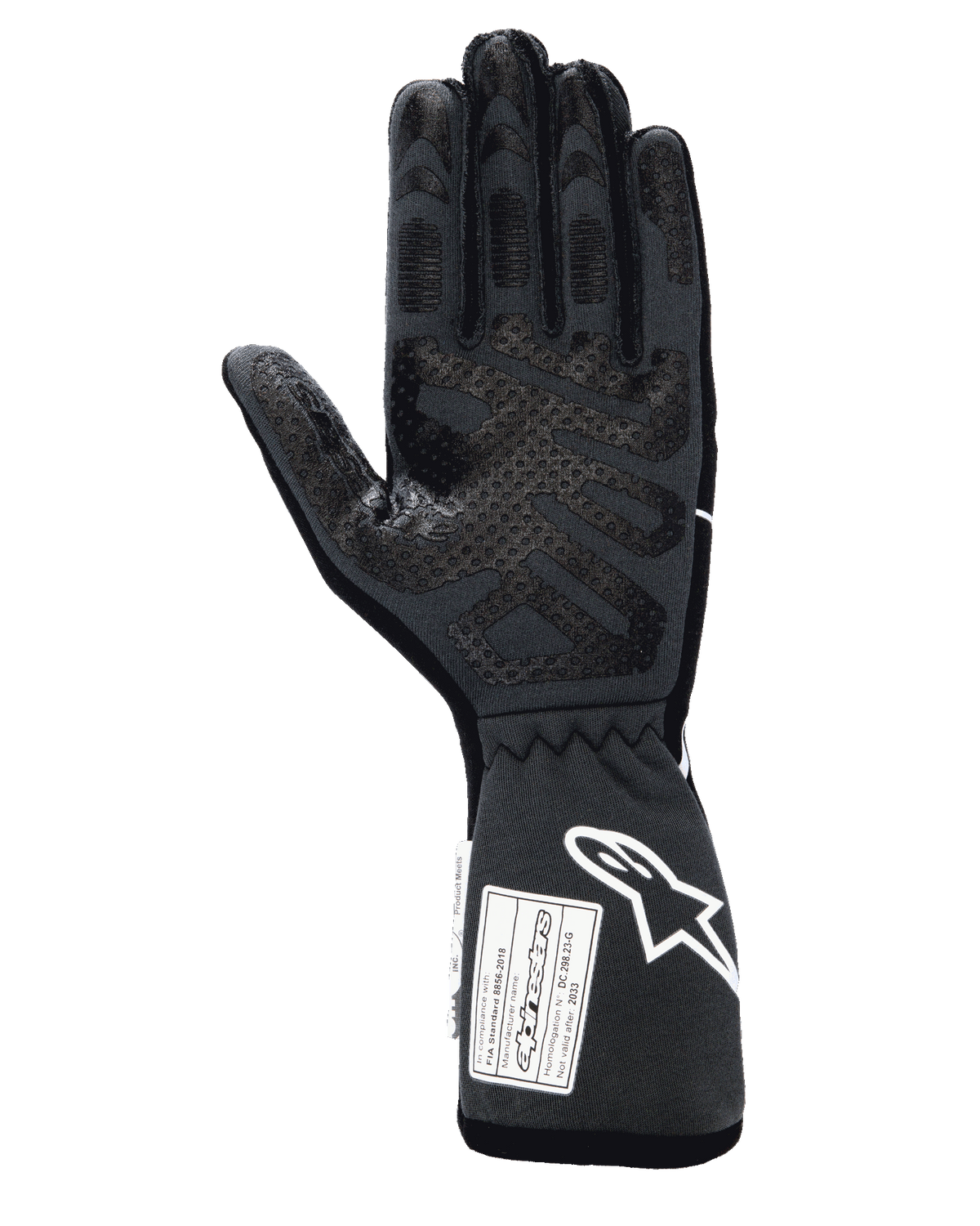 Alpinestars Tech-1 Race V4 Gloves, Professional Auto Racing Gloves, Black Tar Gray, palm side view featuring extensive silicone grip patterns on fingers and palm, extended gauntlet cuff with white Alpinestars logo and FIA/SFI certification labels