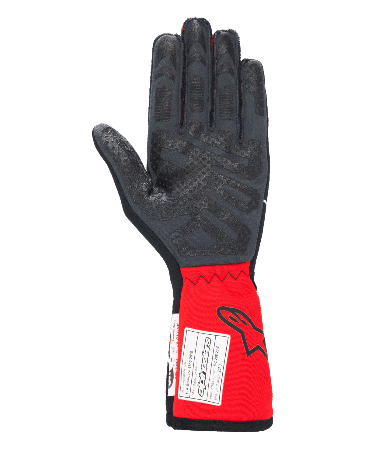 Alpinestars Tech-1 Race V4 Handschuhe, Autorenn-Handschuhe, Schwarz und Rot, Handflächenansicht mit Fokus auf Silikon-Gripmustern an Fingern und Handfläche, verlängerte rote Stulpe mit Alpinestars-Logo und FIA-Zertifizierungsetikett, Hochleistungs-Motorsportausrüstung
