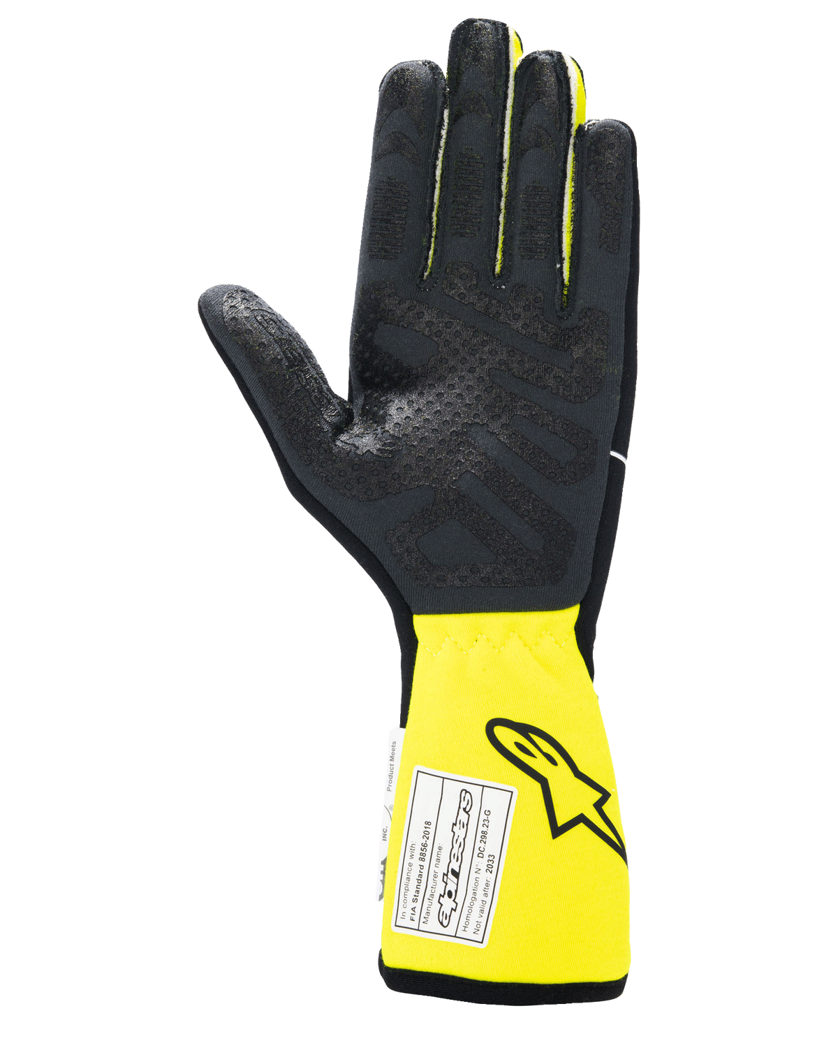 Alpinestars Tech-1 Race V4 Gloves, Auto Racing Gloves, Black and Yellow Fluo, palm view featuring textured silicone grip, extended yellow cuff with FIA certification label, high-performance motorsport gear