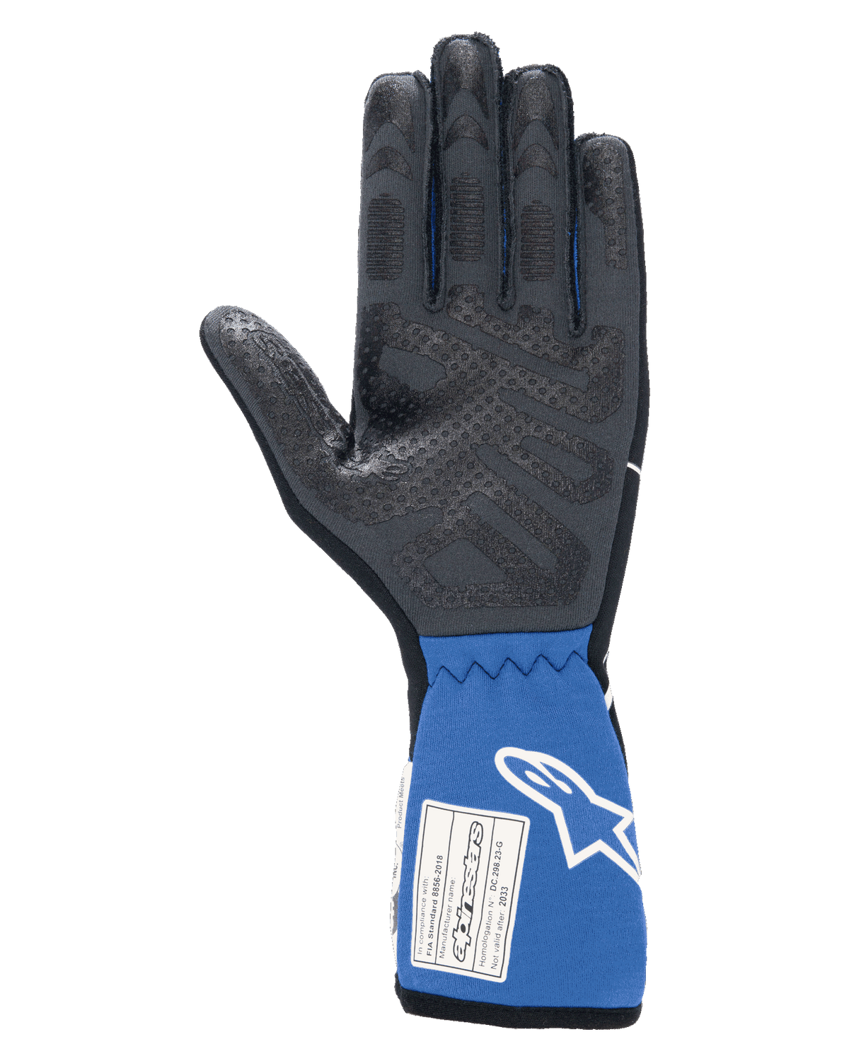 Alpinestars Tech-1 Race V4 Gloves, Black and Blue, interior palm view showing textured silicone grip pattern, extended blue cuff with FIA certification label and white Alpinestars logo, professional auto racing gear