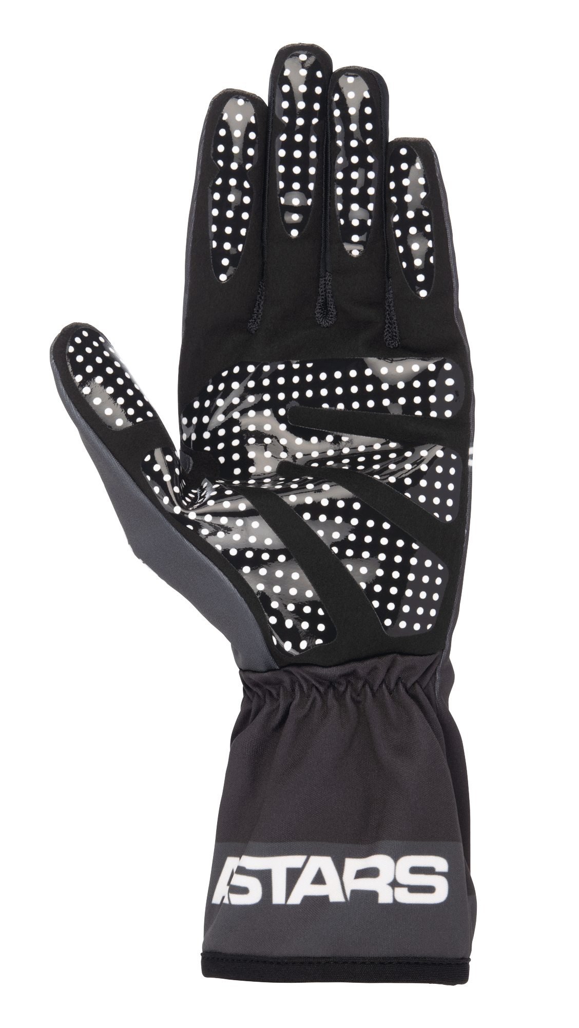Gants Alpinestars Tech-1 K Race V2 One Vision, noir et gris goudron, vue de la paume présentant un motif d'adhérence à points en silicone blanc, poignet élastiqué avec logo ASTARS, équipement de karting léger
