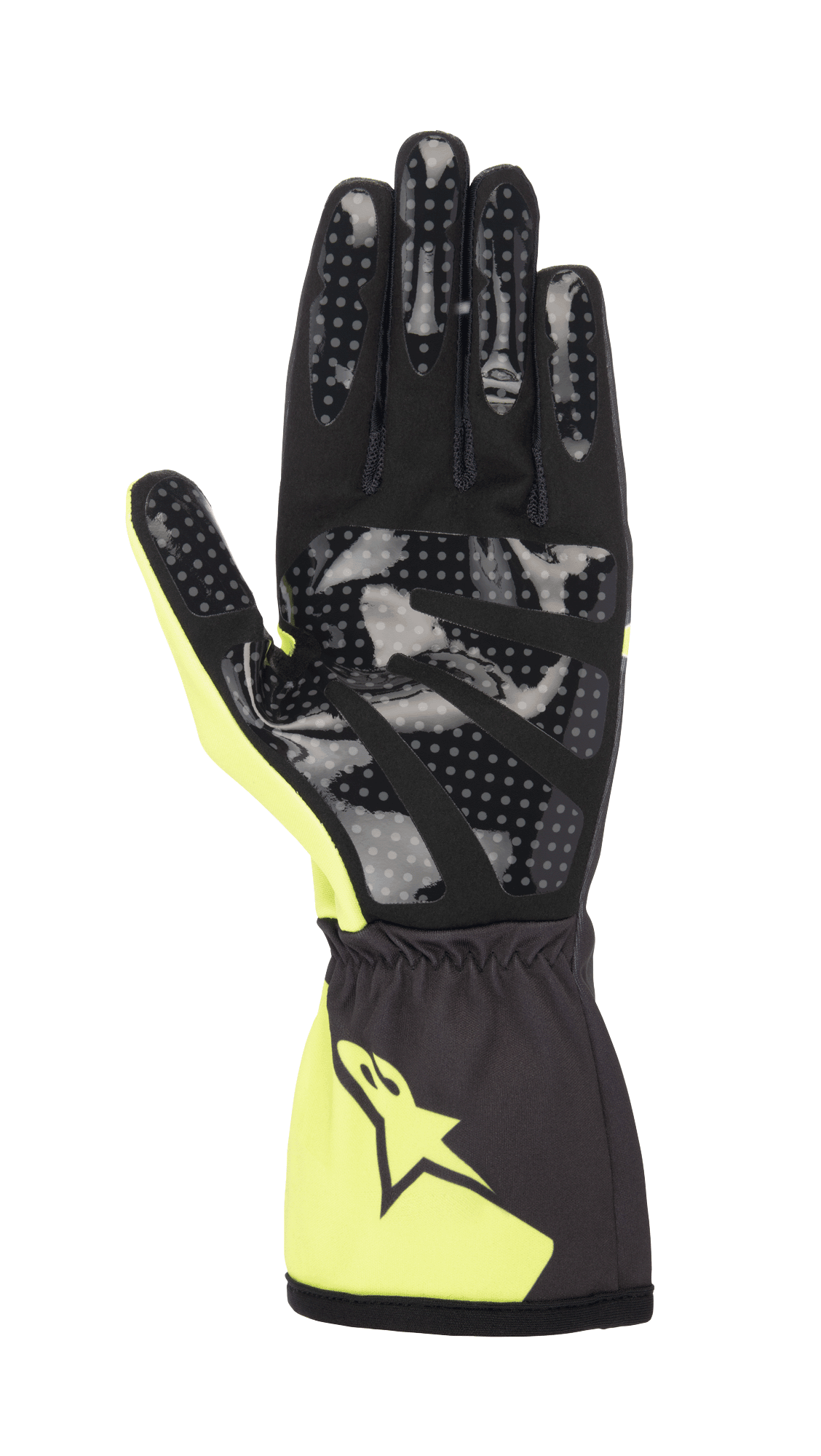 Alpinestars Youth Tech-1 K Race S V2 Corporate Gloves, Karting Gloves, Anthracite and Lime, palm view showing dotted silicone grip print, synthetic suede palm, and elasticated cuff with Alpinestars logo