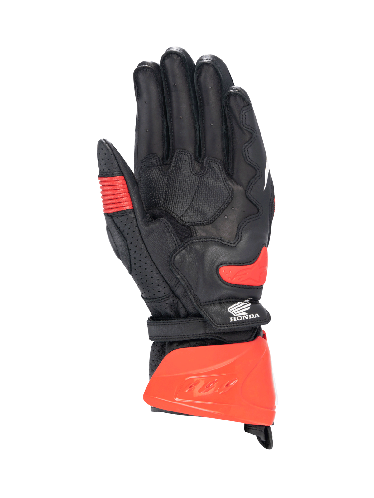 Alpinestars Honda GP Pro R3 Handschuhe, Motorradrenn-Stulpenhandschuhe für Herren, Schwarz und Hellrot, Handflächenansicht aus Känguruleder, CE-zertifiziert