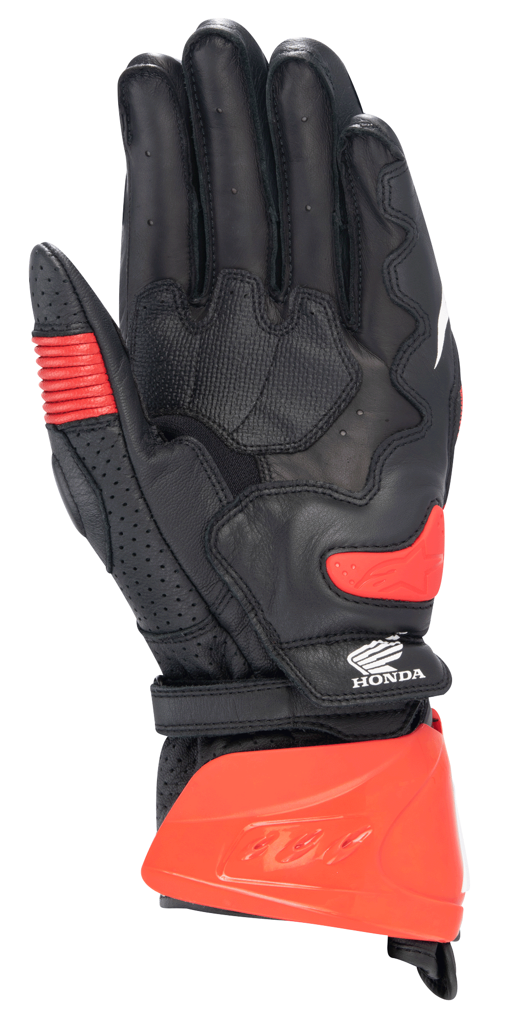Alpinestars Honda GP Pro R3 handschoenen, race-sporthandschoenen, zwart en felrood, handpalmweergave met een rode harde manchetbeschermer, palm-slider en Honda-logo, professionele motorrace-uitrusting