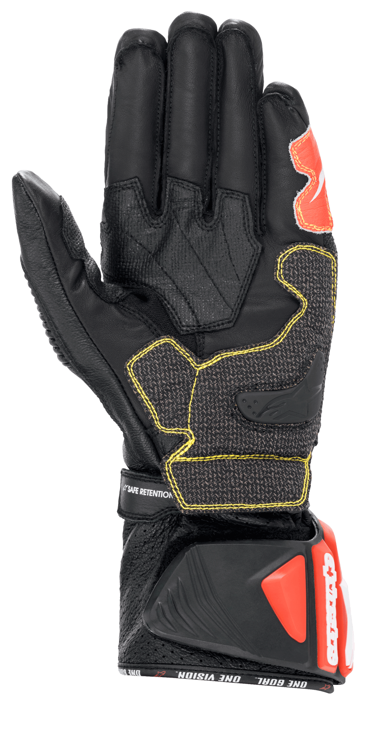 Alpinestars GP Tech V2 Handschuhe, Schwarz, Weiß und Fluorot, Handflächenansicht mit schwarzer Lederkonstruktion und gelben Kontrastnähten, schützende DFS-Manschette mit roten Akzenten, professionelle Racing-Motorradausrüstung
