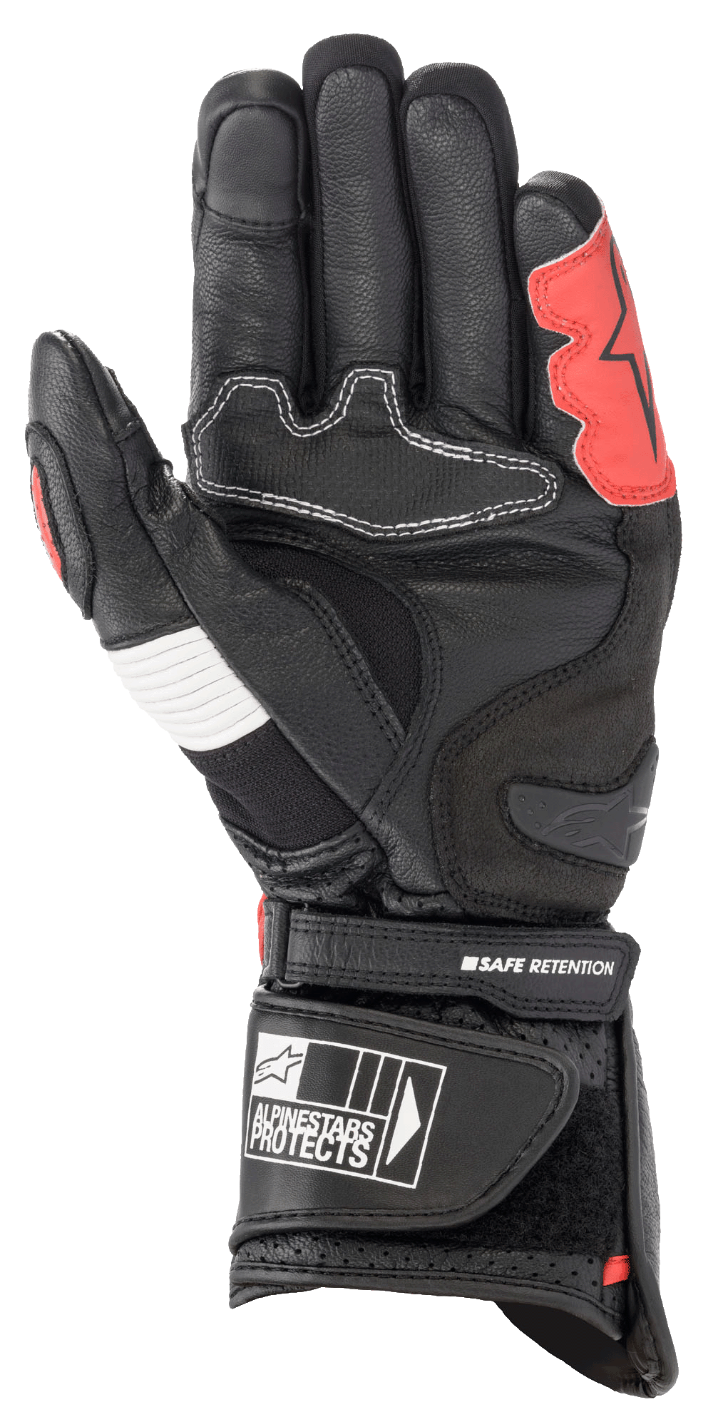 Alpinestars SP-2 V3 Handschuhe, Schwarz, Weiß und Bright Red, Handflächenansicht mit verstärkter Lederkonstruktion, TPU-Handflächen-Slider, weißem Akkordeon-Panel und sicherem Handgelenkverschluss mit Branding