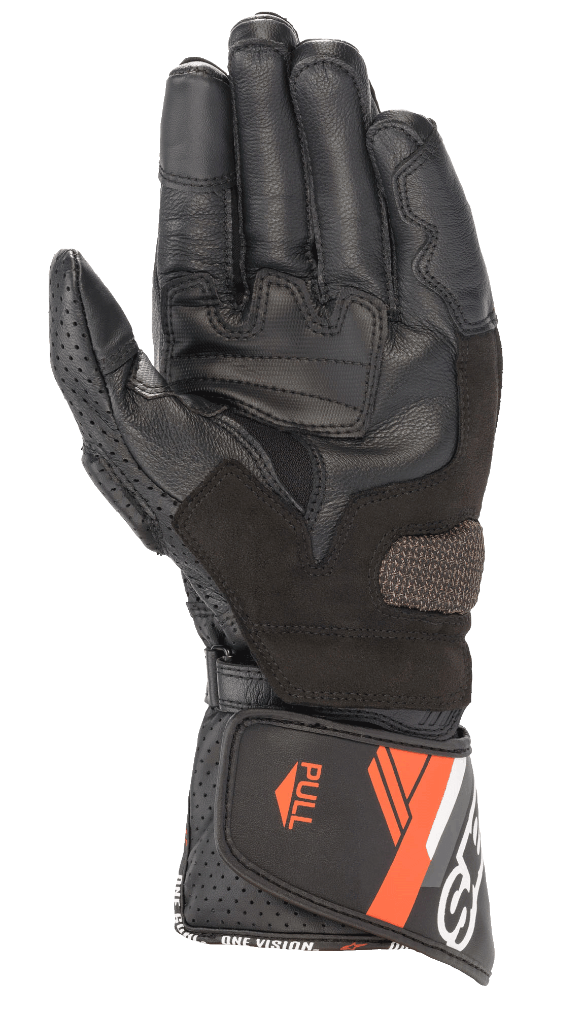 Alpinestars SP-8 V3 leren handschoen, motorhandschoen, zwart en rood fluo, handpalmweergave met versterkte grippanelen, geperforeerde leren duim en verstelbare manchet met oranje accenten en "ONE GOAL ONE VISION" branding