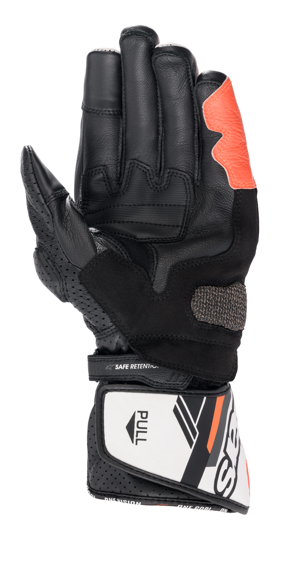 Alpinestars SP-8 V3 Handschuhe, Motorrad-Rennhandschuhe, Schwarz, Weiß und Rot Fluo, Handflächenansicht mit texturierten Griffeinsätzen und verstärkter Handfläche, Klettverschluss an der Manschette mit 'SAFE RETENTION'-Riemen und weißer 'PULL'-Lasche, perforierte Lederdetails