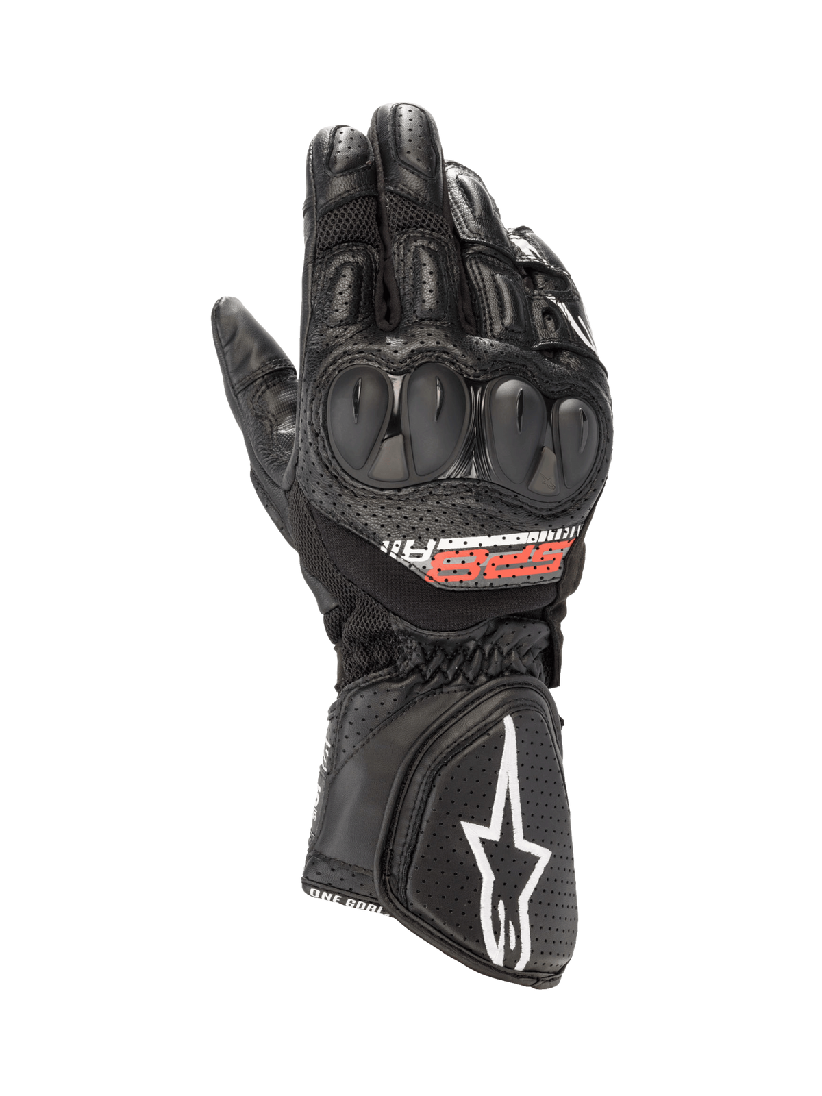 Alpinestars SP-8 V3 Air motorhandschoenen, zwart geperforeerd leer met mesh en dual-density knokkelbescherming voor racing.