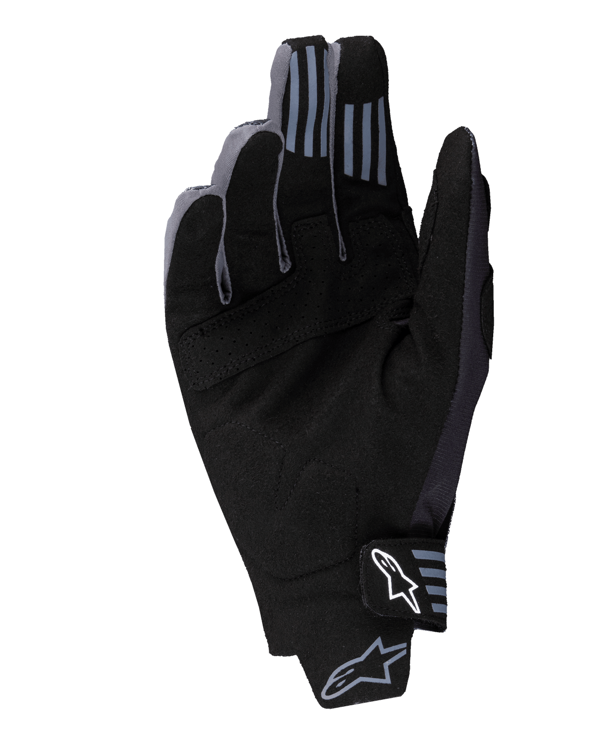 Alpinestars 2025 Techstar Gloves, Motocross Gloves, Black, palm view showing synthetic suede material with perforated details, silicone grip on fingertips, and white Alpinestars logo on the wrist closure.