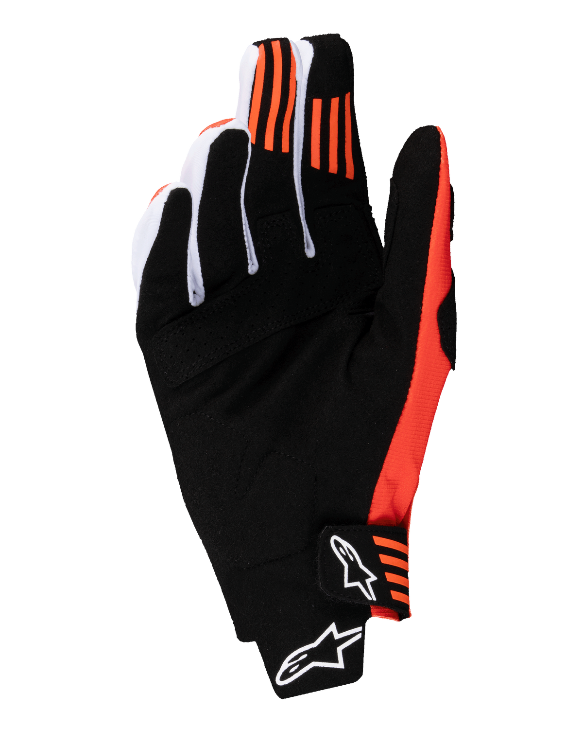 Alpinestars 2025 Techstar-handschoenen, motorcross handschoenen, zwart en feloranje, handpalm van synthetisch suède, oranje siliconen grip op de wijs- en middelvingertoppen, voorgevormde sluiting met wit Alpinestars-logo