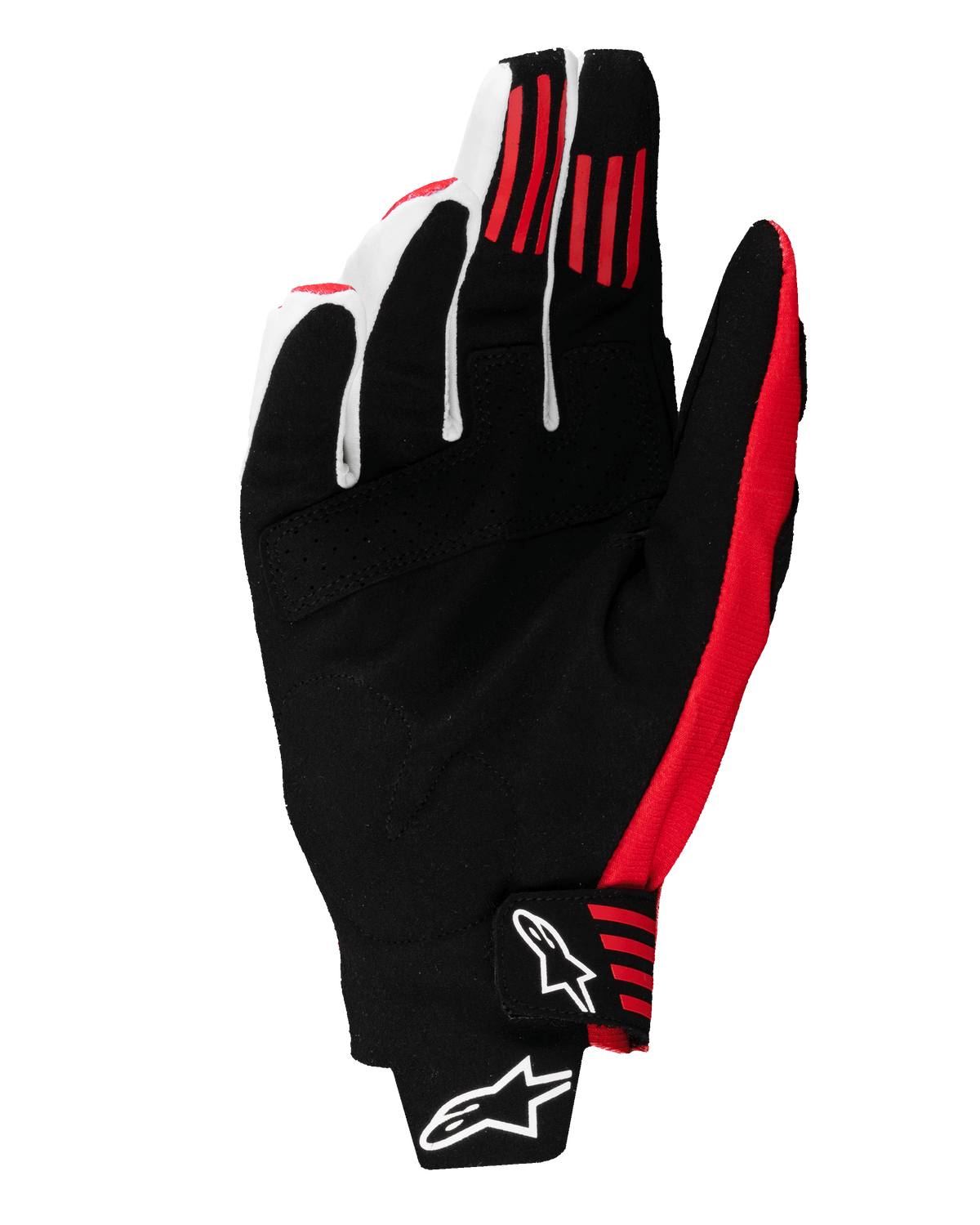 Alpinestars 2025 Techstar handschoenen, motorcross handschoenen, zwart en felrood, palmzicht met synthetische suède constructie, rode siliconen gripstrepen op de vingers en voorgevormde polssluiting met witte Alpinestars-logo's