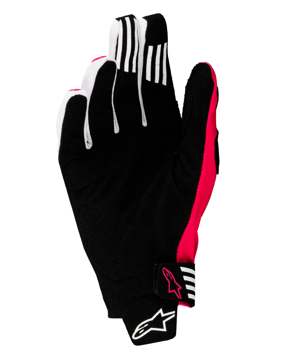 Alpinestars 2025 Techstar handschoenen, motorcross handschoenen, zwart en fluoriserend roze, palmweergave met versterkt synthetisch suède, witte gripstrepen op de vingers, fluoriserend roze accenten en logo's, naadloze polssluiting met Alpinestars-branding
