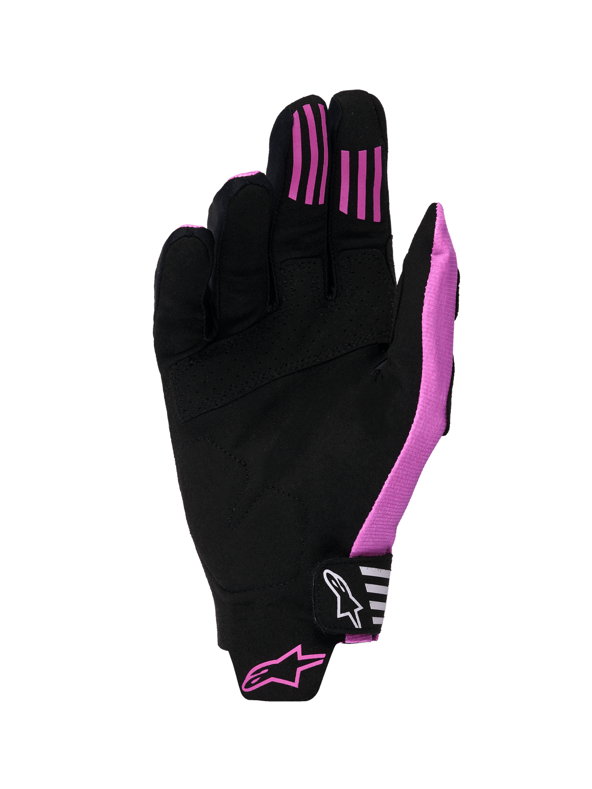Alpinestars 2026 Techstar handschoenen, motorcross handschoenen, zwart en paars, handpalmaanzicht met synthetisch suède constructie, siliconen gripstrips op de vingers en een voorgevormde klittenbandsluiting met merklogo.