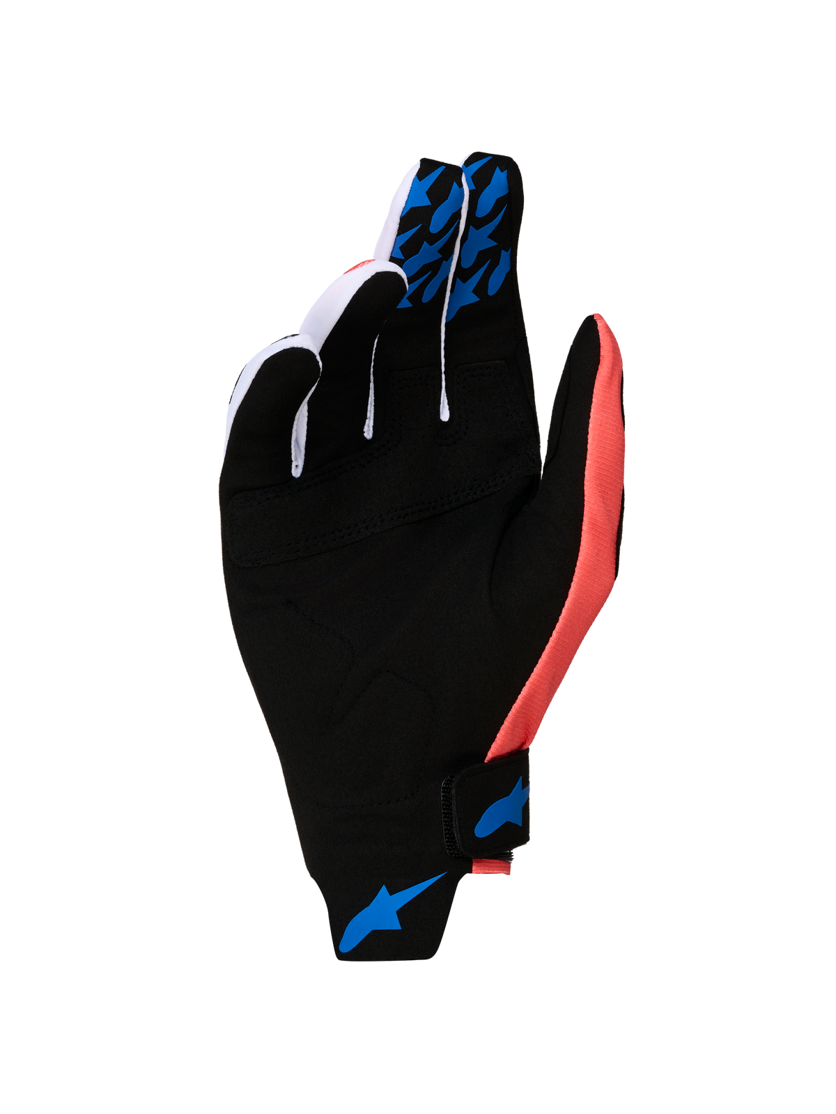 Alpinestars Techstar 2027, gants de motocross noirs et roses, paume en daim synthétique et grips bleus.