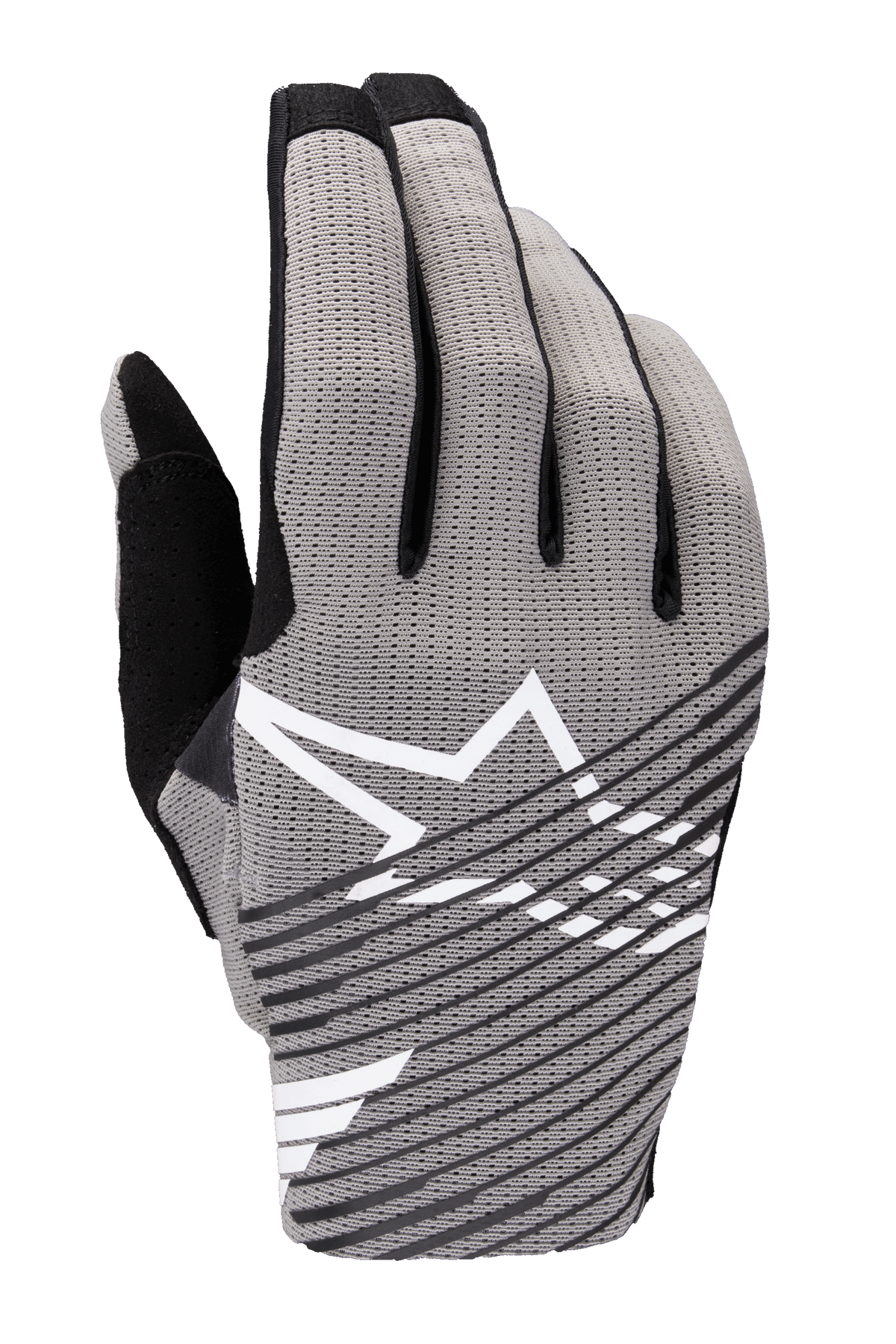 Alpinestars 2025 Radar Pro Handschuhe, Motocross-Handschuhe, Grau mit schwarzen und weißen Akzenten, atmungsaktive 4-Wege-Stretch-Mesh-Oberhand, weißes Stern-Logo, schwarzes diagonal gestreiftes Design, minimalistischer Performance-Rennstil