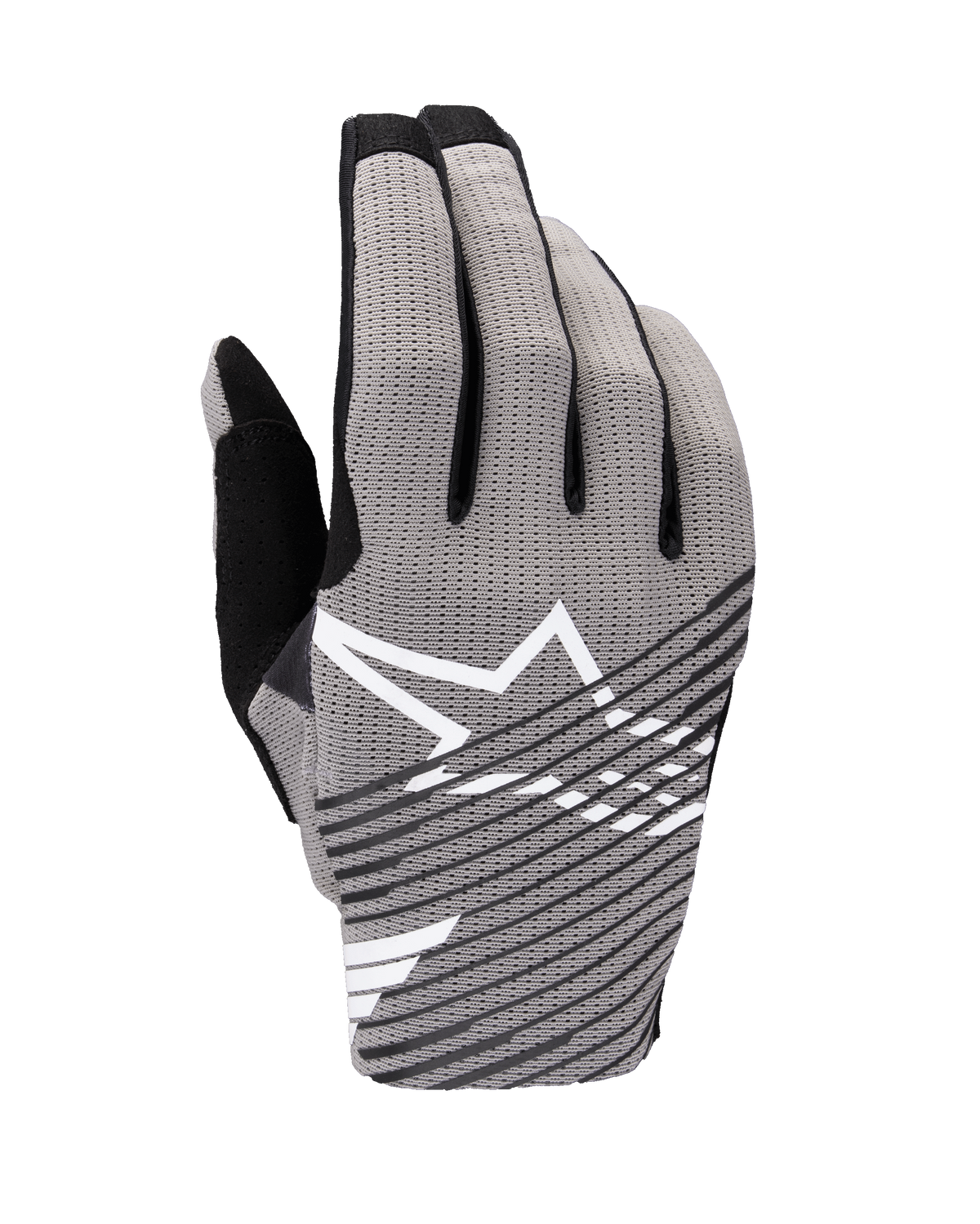 Alpinestars 2025 Radar Pro Handschuhe, Motocross-Handschuhe, Grau und Schwarz, Ansicht der Oberhand mit atmungsaktivem 4-Wege-Stretch-Mesh, weißes Stern-Logo mit schwarzen diagonalen Streifen, entwickelt für Performance und Luftzirkulation