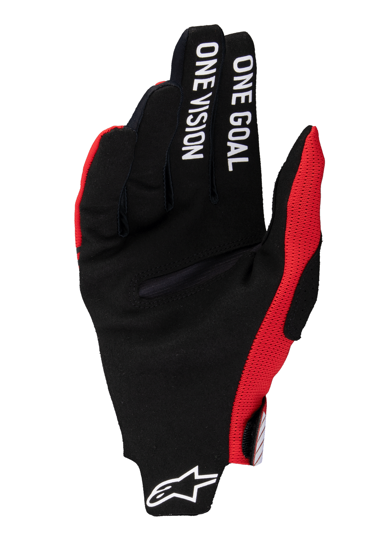 Alpinestars 2025 Radar Pro handschoenen, motorcross handschoenen, felrood, zwarte synthetische suède handpalm met de tekst "ONE GOAL ONE VISION" op de vingers, rode mesh-accenten, wit Astars-logo op de manchet, minimalistisch ontwerp voor maximale controle