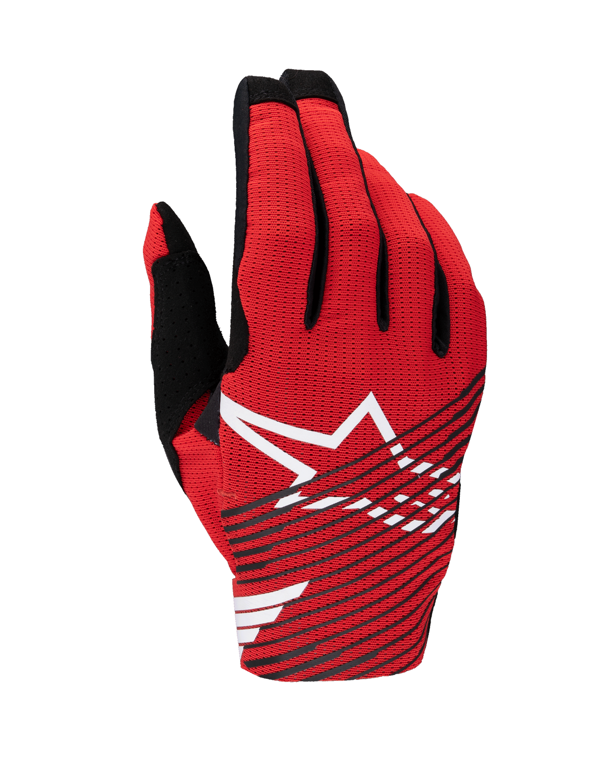 Alpinestars 2025 Radar Pro handschoenen, motorcross handschoenen, felrood met zwart en wit, met een groot wit sterlogo met zwarte diagonale strepen op een ademende mesh-bovenzijde, lichtgewicht performance uitrusting voor off-road racing