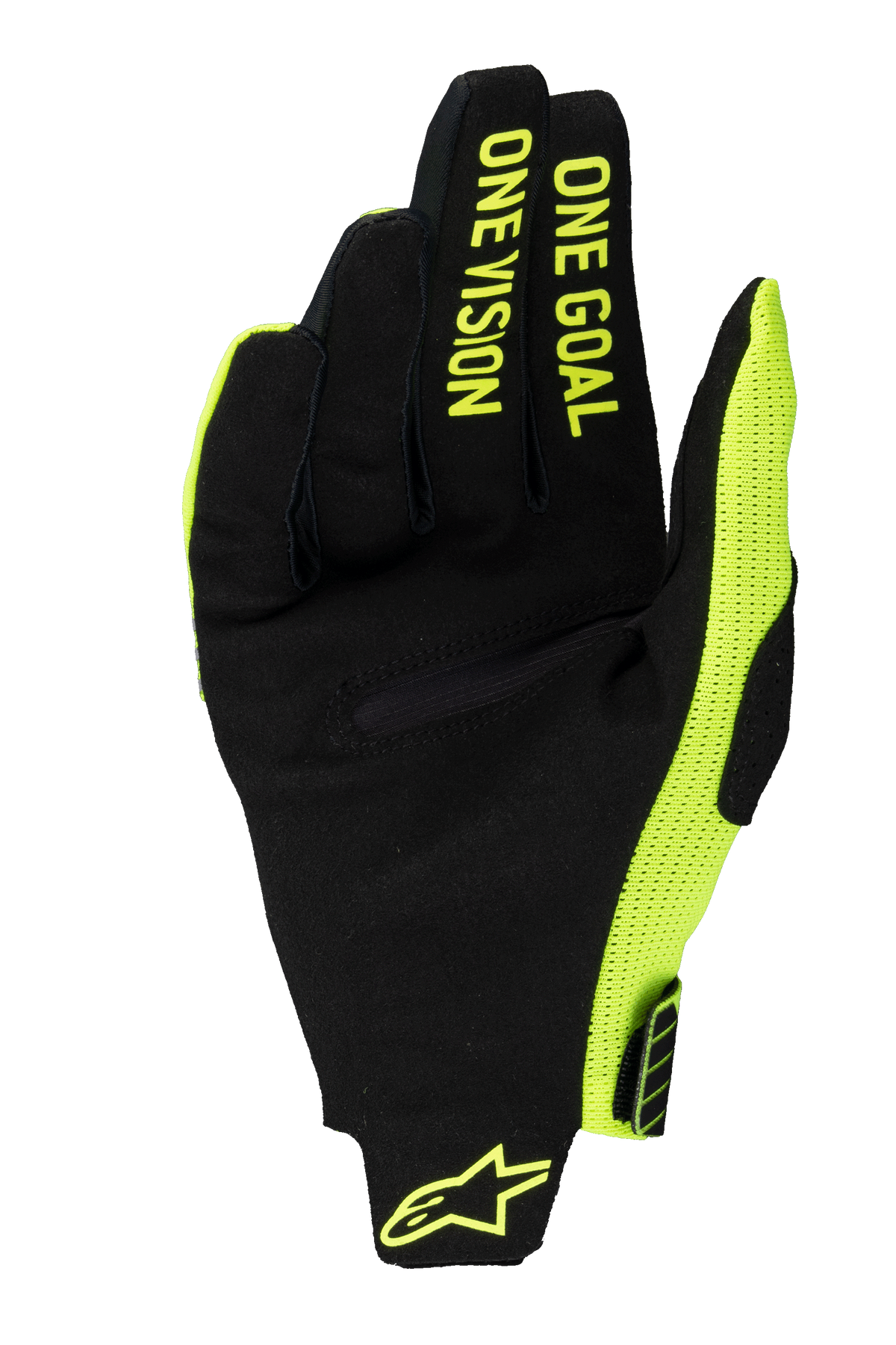 Alpinestars 2025 Radar Pro handschoenen, motorcross handschoenen, fluorgeel en zwart, palmweergave met synthetisch suède voorzien van 'ONE GOAL ONE VISION' tekst op de vingers, fluorgeel mesh zijpaneel en logo op de pols