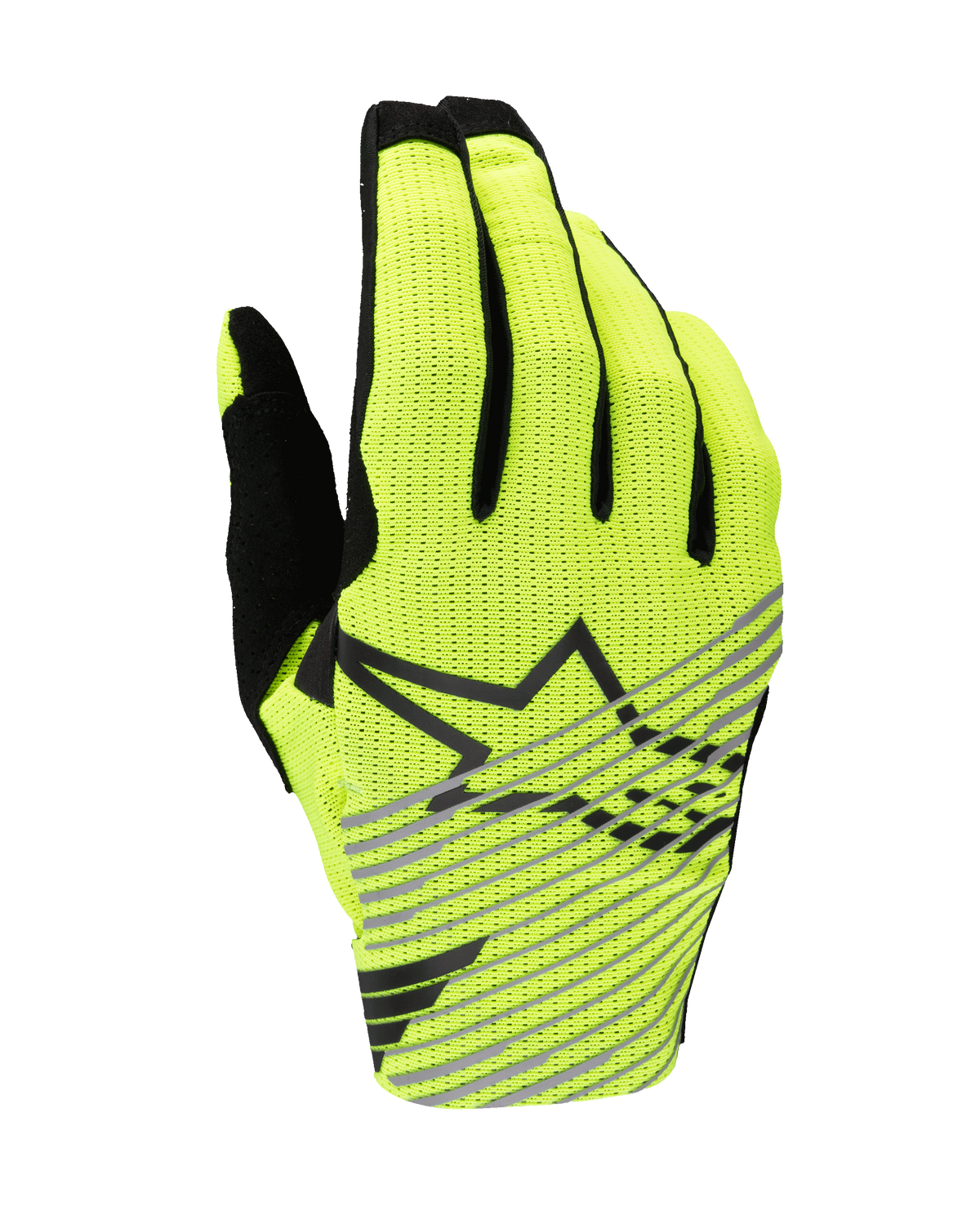 Alpinestars 2025 Radar Pro handschoenen, motorcross handschoenen, geel fluo en zwart, enkellaagse ademende mesh bovenzijde, zwart sterlogo met diagonale grijze strepen, hoogwaardige uitrusting voor off-road racen