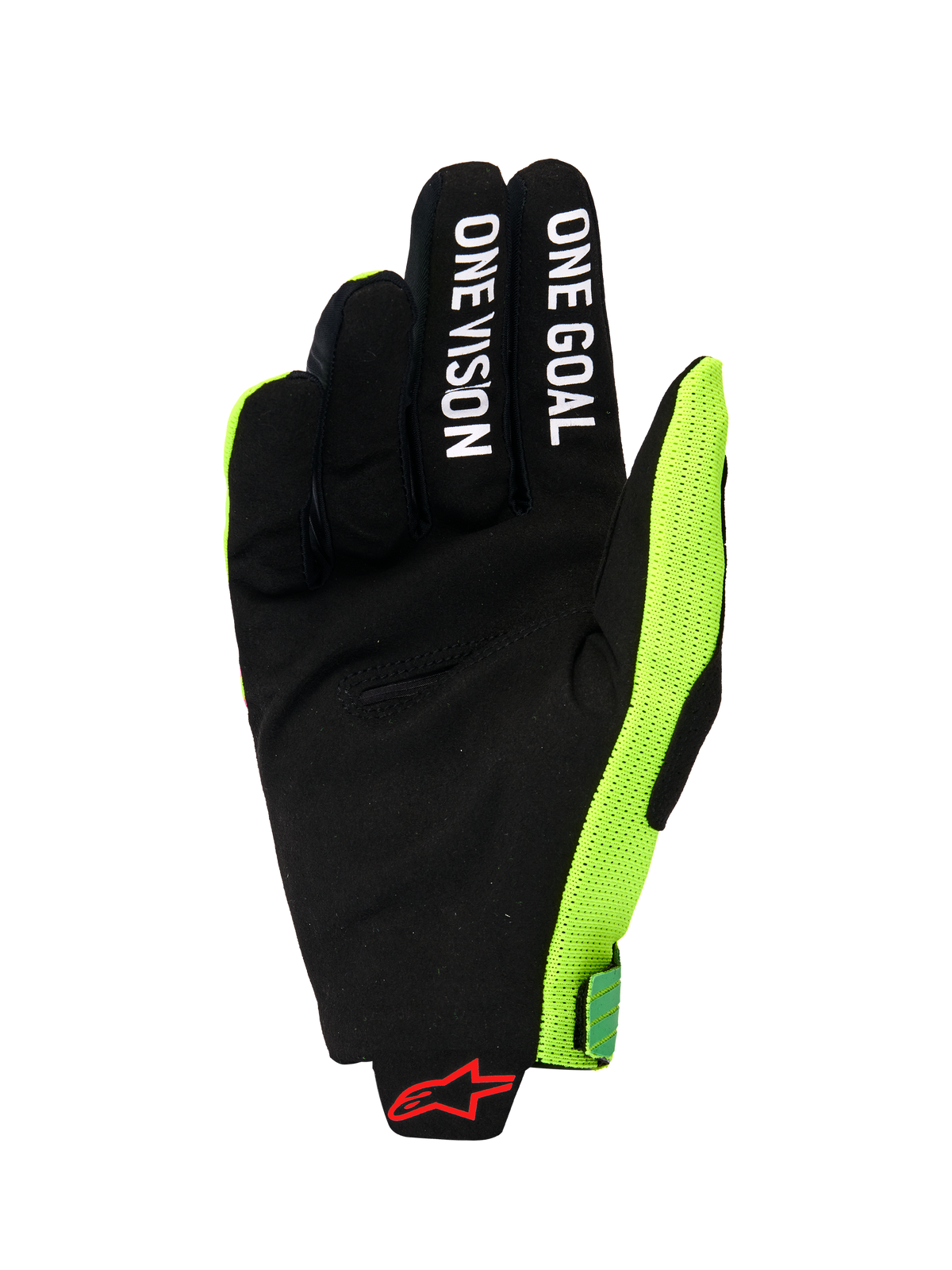 Gants Alpinestars Radar Pro 2026, vue de la paume d'un gant de motocross, suède synthétique noir avec texte blanc 'ONE GOAL' et 'ONE VISION' sur les doigts, panneau latéral en maille jaune fluo, logo Alpinestars rouge au poignet, équipement de performance minimaliste pour le tout-terrain