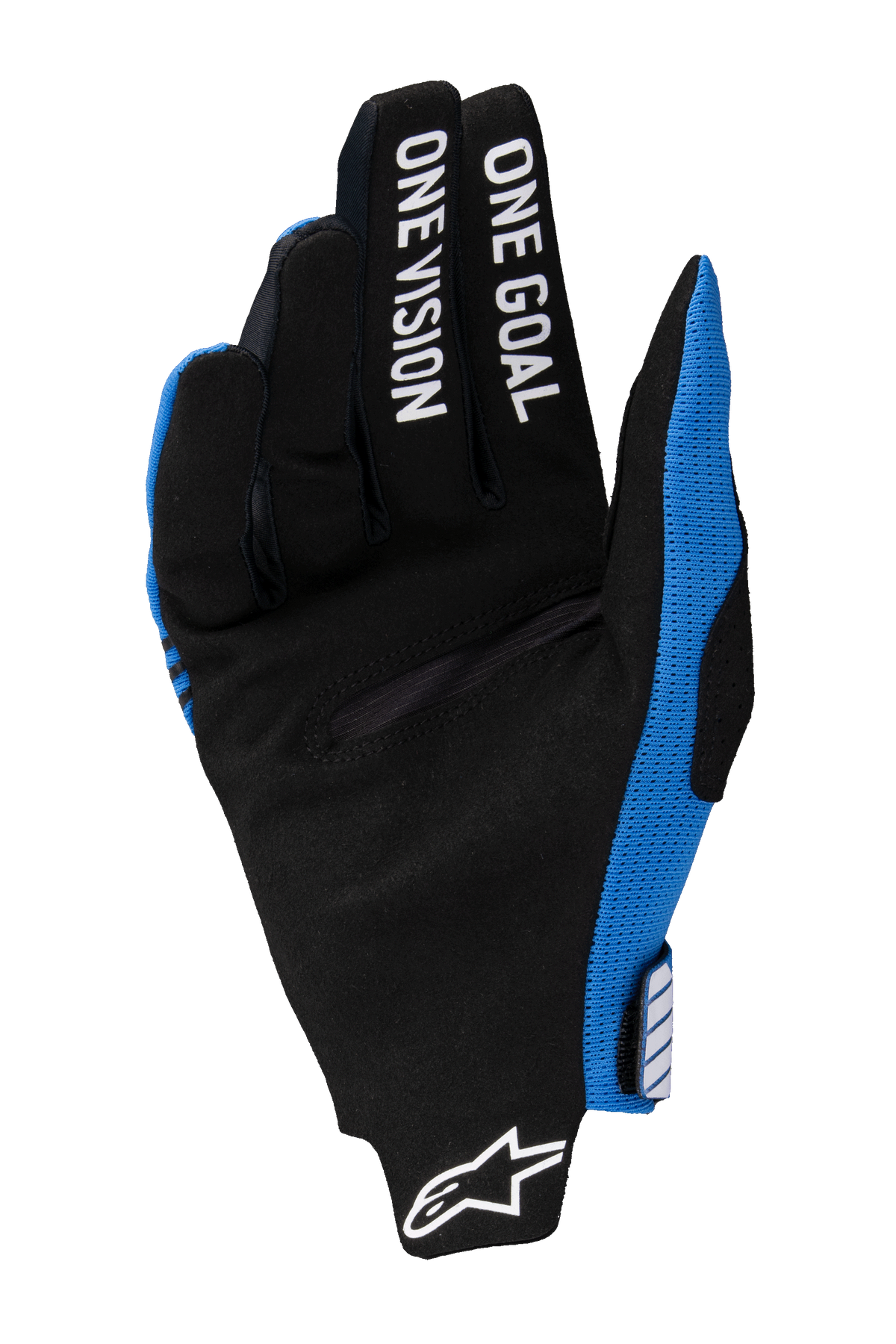 Gants Alpinestars 2025 Radar Pro, gants de motocross, bleu et noir, vue de la paume avec daim synthétique noir, inscription blanche « ONE GOAL ONE VISION » sur les doigts, logo Alpinestars blanc au poignet, design de course tout-terrain léger
