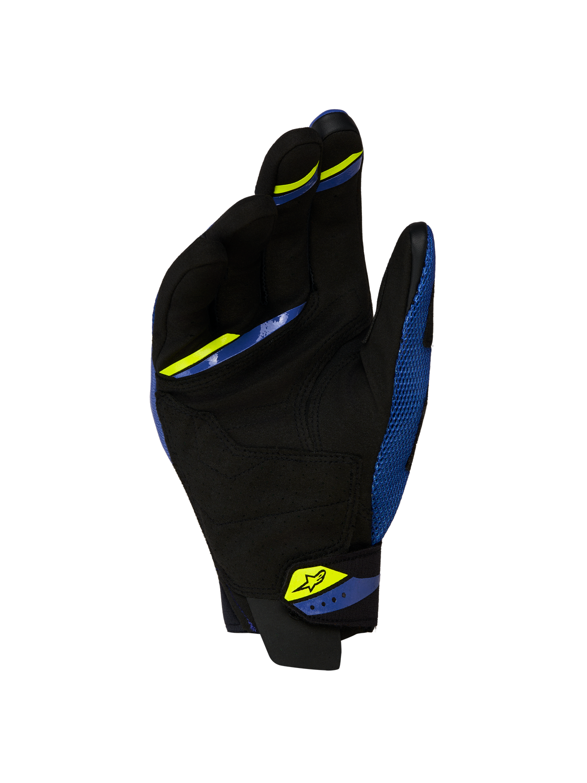 Gants de moto Megawatt V 2 Air d'Alpinestars, gants de moto cross et enduro, bleu vif et noir, vue de dos montrant le mesh 3D haute résistance et la construction de la manchette