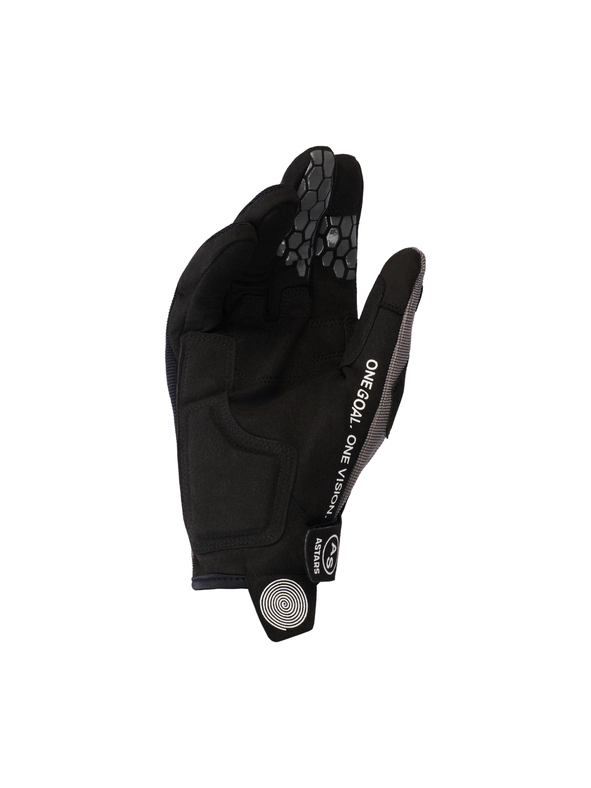 Gants Alpinestars Pro-Dura 2026, Noir Gris, vue de la paume en suède synthétique et des grips en silicone en nid d'abeille sur les doigts, avec le texte « ONE GOAL. ONE VISION. » et un logo spirale blanc sur la languette de traction, équipement de moto tout-terrain durable