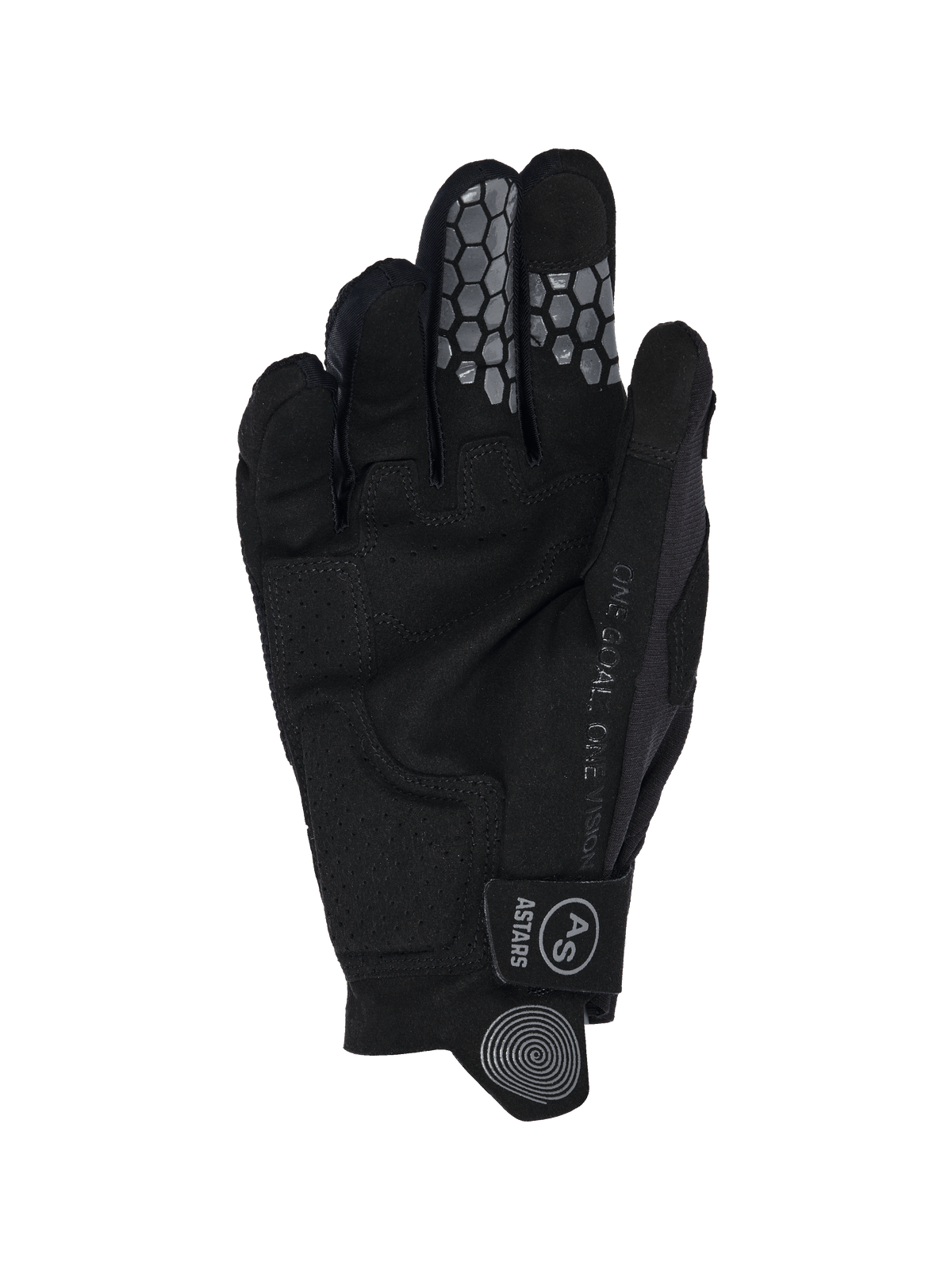 Gants Alpinestars Radar Pro 2026, gants de motocross, noir, vue côté paume montrant la construction en suède synthétique, grip en silicone gris en nid d'abeille sur l'index et le majeur, texte « One Goal. One Vision. » sur le côté, et sangle de fermeture auto-agrippante avec logo AS.