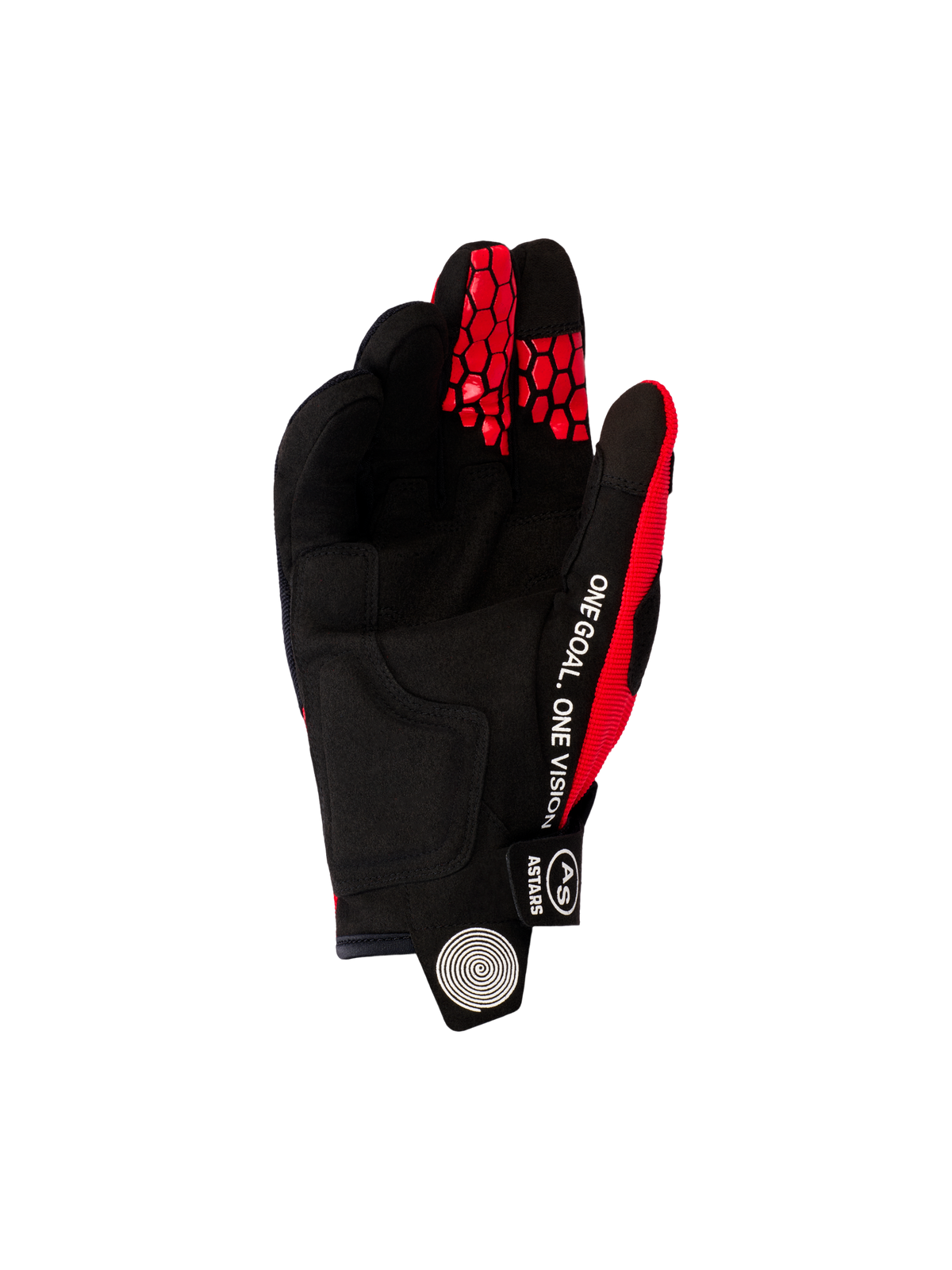 Gants Alpinestars 2026 Pro-Dura, gants de motocross et d'enduro, rouge vif et noir, vue de la paume en suède synthétique noir, texte blanc 'ONE GOAL. ONE VISION' sur le côté, et motifs rouges en nid d'abeille sur le bout des doigts.