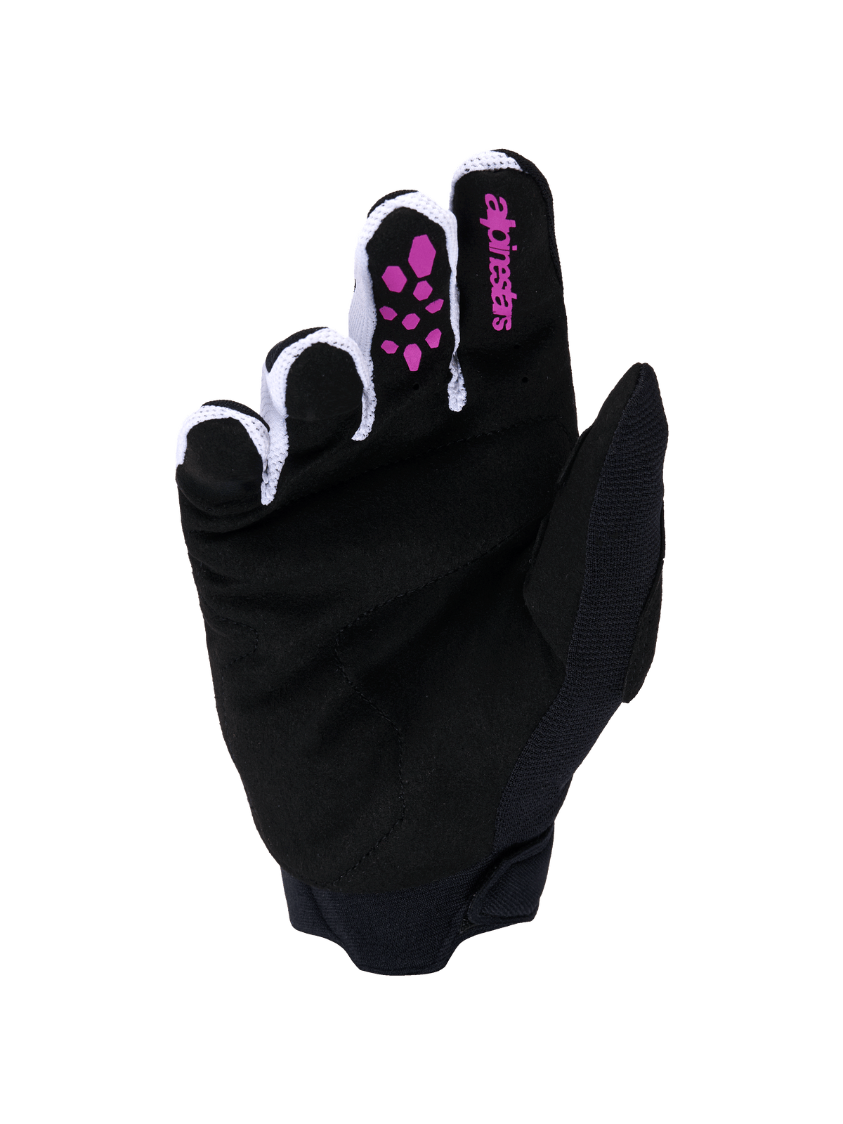 Gants Alpinestars Full Bore V2, gants de motocross, violet et noir, vue de la paume avec suède synthétique noir, grip en silicone violet sur les doigts, logo Alpinestars sur l'index, mesh ventilé blanc entre les doigts et poignet en néoprène noir