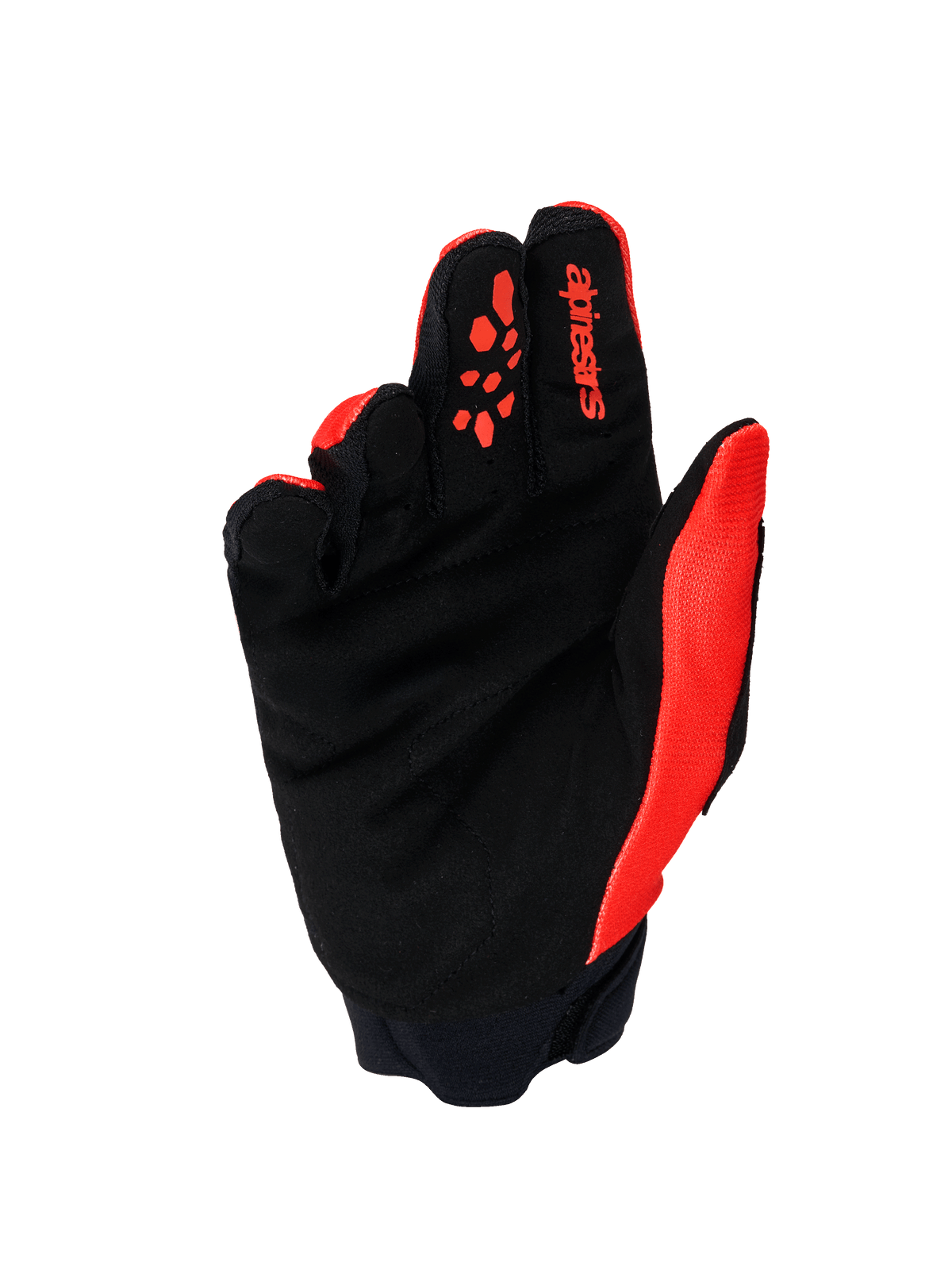 Alpinestars Full Bore V2 Handschuhe, Motocross-Handschuhe, Orange und Schwarz, Handflächenansicht mit verstärkter Handfläche aus synthetischem Wildleder, orangefarbenen Silikon-Grips, rotem Alpinestars-Logo auf dem Zeigefinger und Neoprenmanschette.