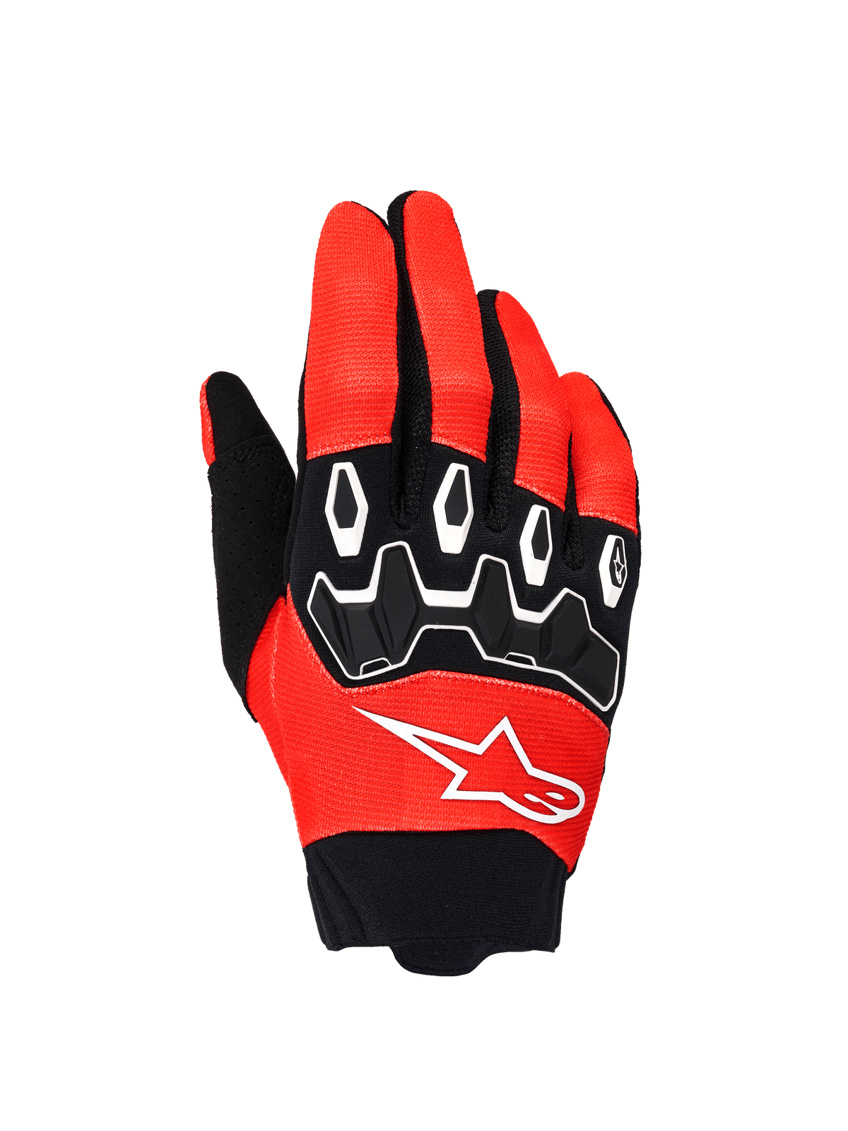 Alpinestars Full Bore V2 Handschuhe, Motocross-Handschuhe, Orange und Schwarz, Rückhandansicht mit schwarzem TPR-Knöchelschutz mit weißen Konturen, weißes Alpinestars-Logo auf atmungsaktivem Stretchgewebe, entwickelt für Offroad-Performance.