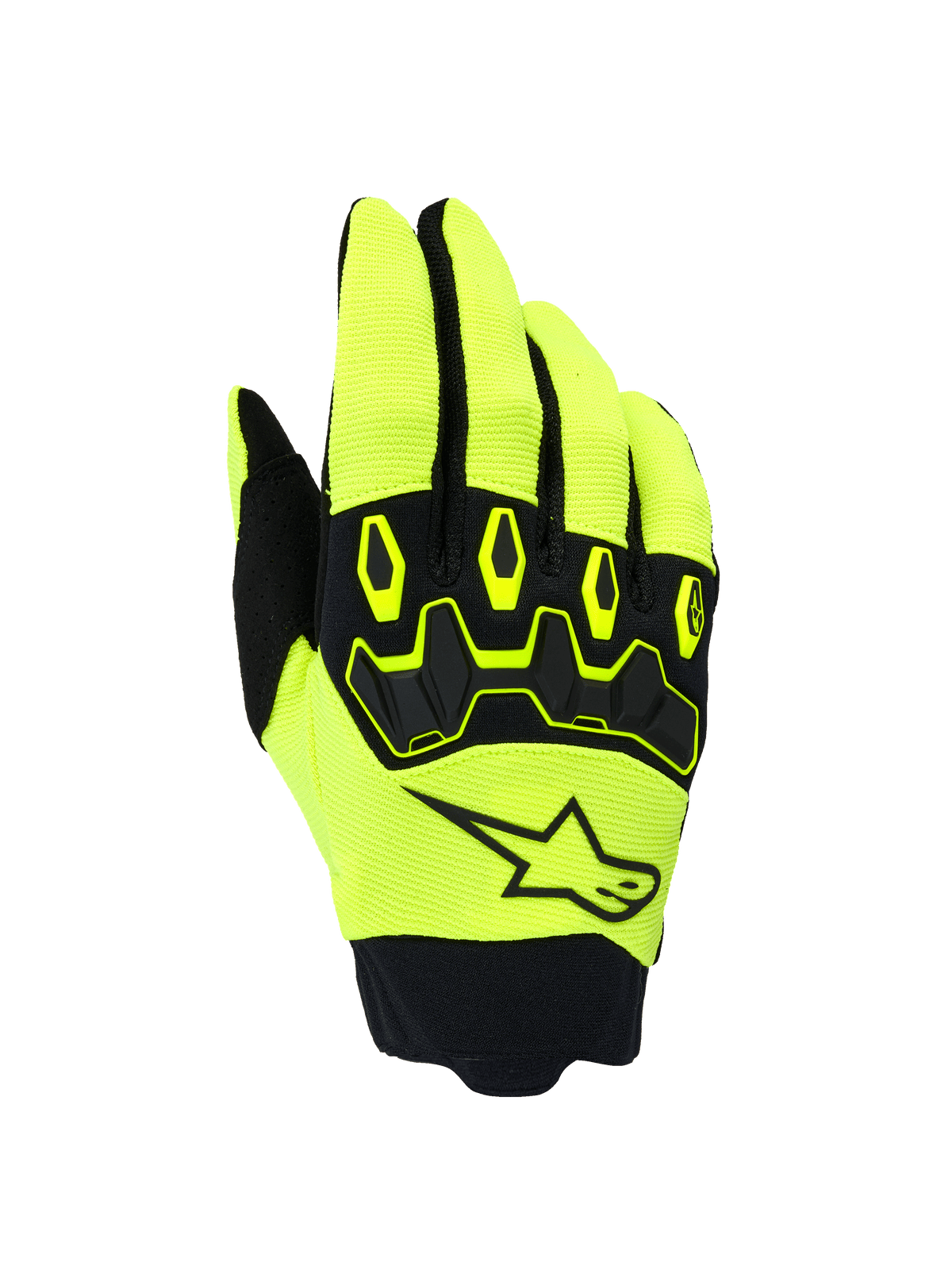 Alpinestars Full Bore V2 Handschuhe, Motocross- und Offroad-Handschuhe, Neongelb und Schwarz, ergonomischer TPR-Knöchelschutz, Alpinestars-Sternlogo auf dem Handrücken, atmungsaktives Stretchgewebe mit Neopren-Manschette