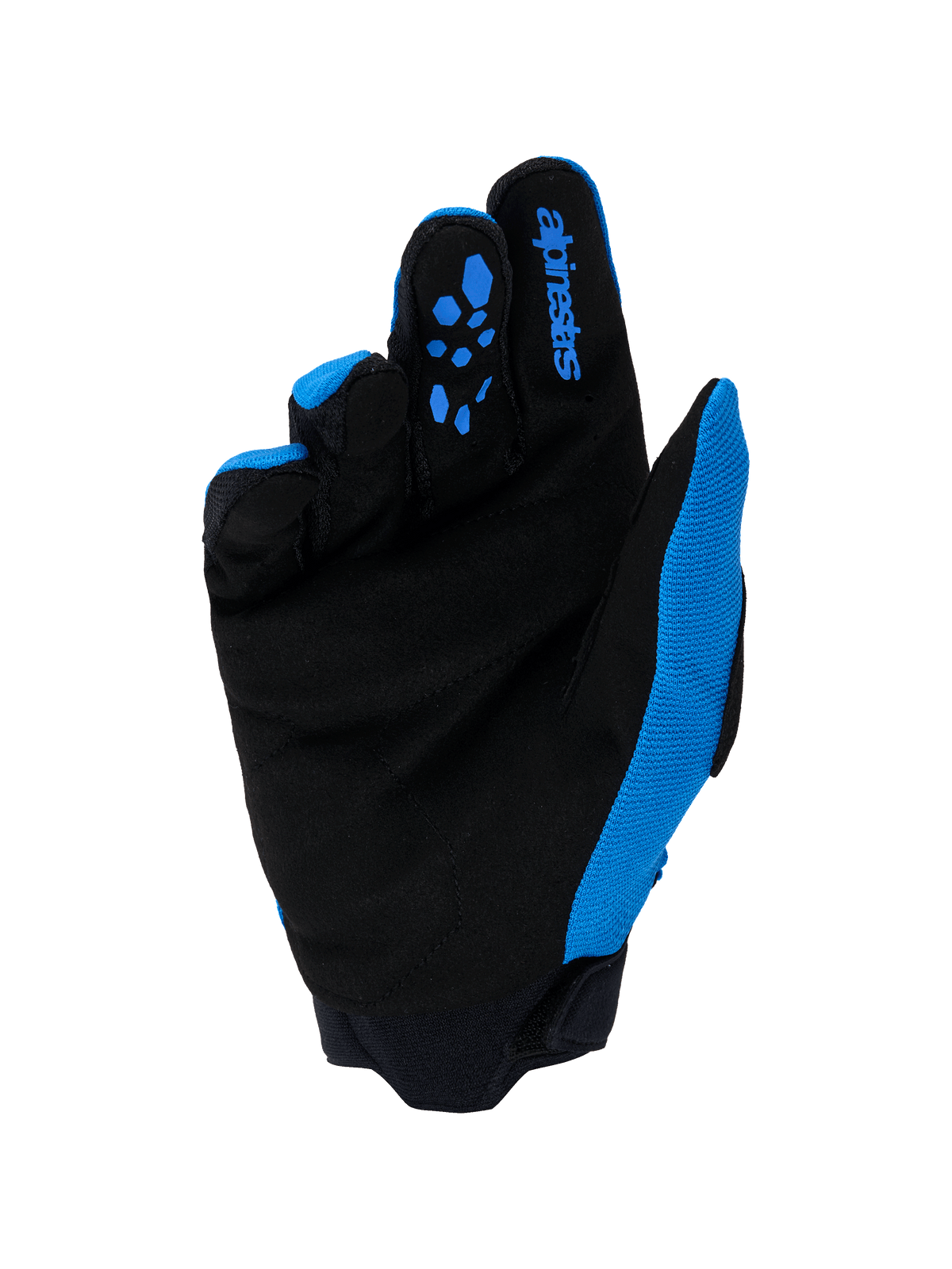 Alpinestars Full Bore V2 Handschuhe, Motocross-Handschuhe, UCLA Blau und Schwarz, Handflächenansicht mit verstärktem synthetischem Wildleder, blauen Silikon-Gripmustern an den Fingern, Alpinestars-Logo und strapazierfähiger Neoprenmanschette