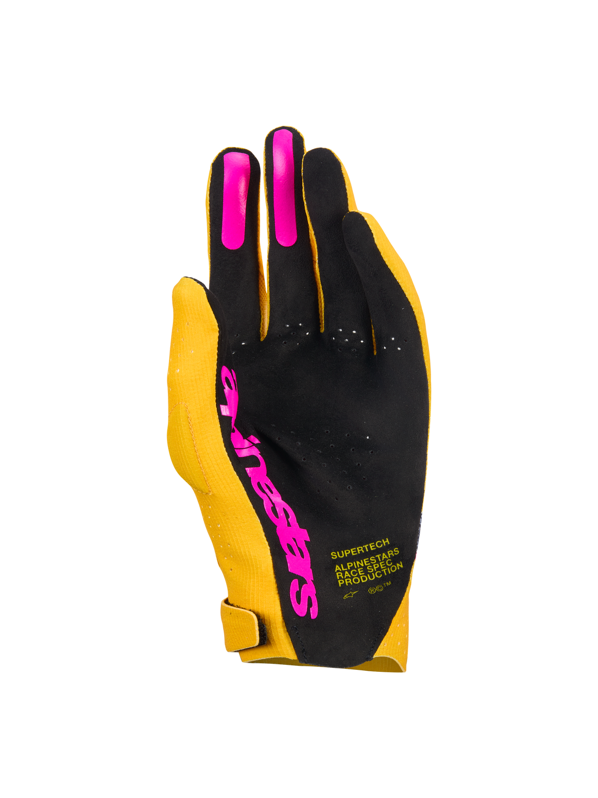 Gants Alpinestars Supertech MX, gants de motocross, or, noir et rose fluo, vue de la paume présentant une paume perforée monocouche avec grips en silicone rose sur les doigts et logo Alpinestars, équipement de course léger