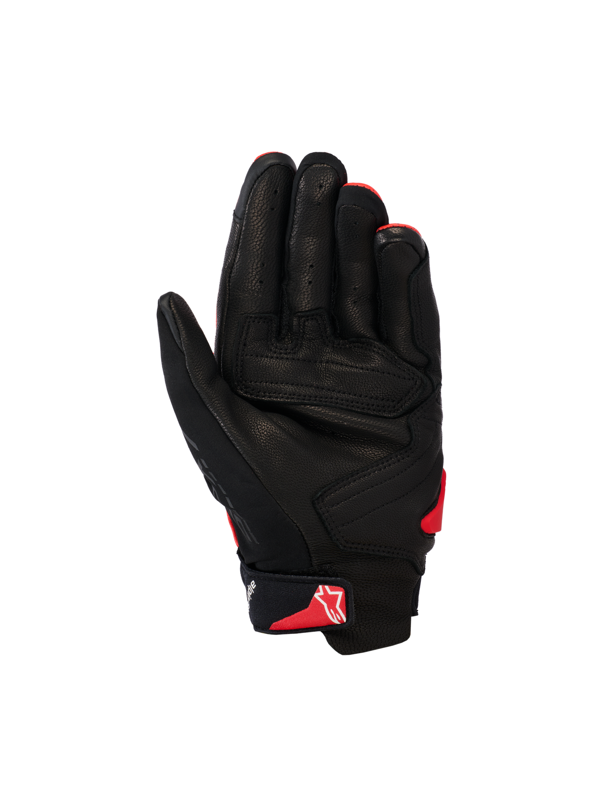 Gants Alpinestars SP X 7, gants de moto à manchette courte, noir et rouge vif, vue de la paume montrant la construction en cuir perforé, les panneaux de paume renforcés et le logo Astars rouge sur la sangle du poignet