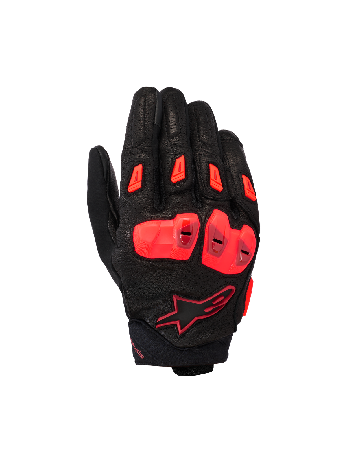 Alpinestars SP X 7 Gloves, Short-Cuff Motorcycle Sport Gloves, Black and Red Fluo, featuring perforated leather chassis with double-density TPU knuckle protection, TPR finger sliders, and a compact cuff design