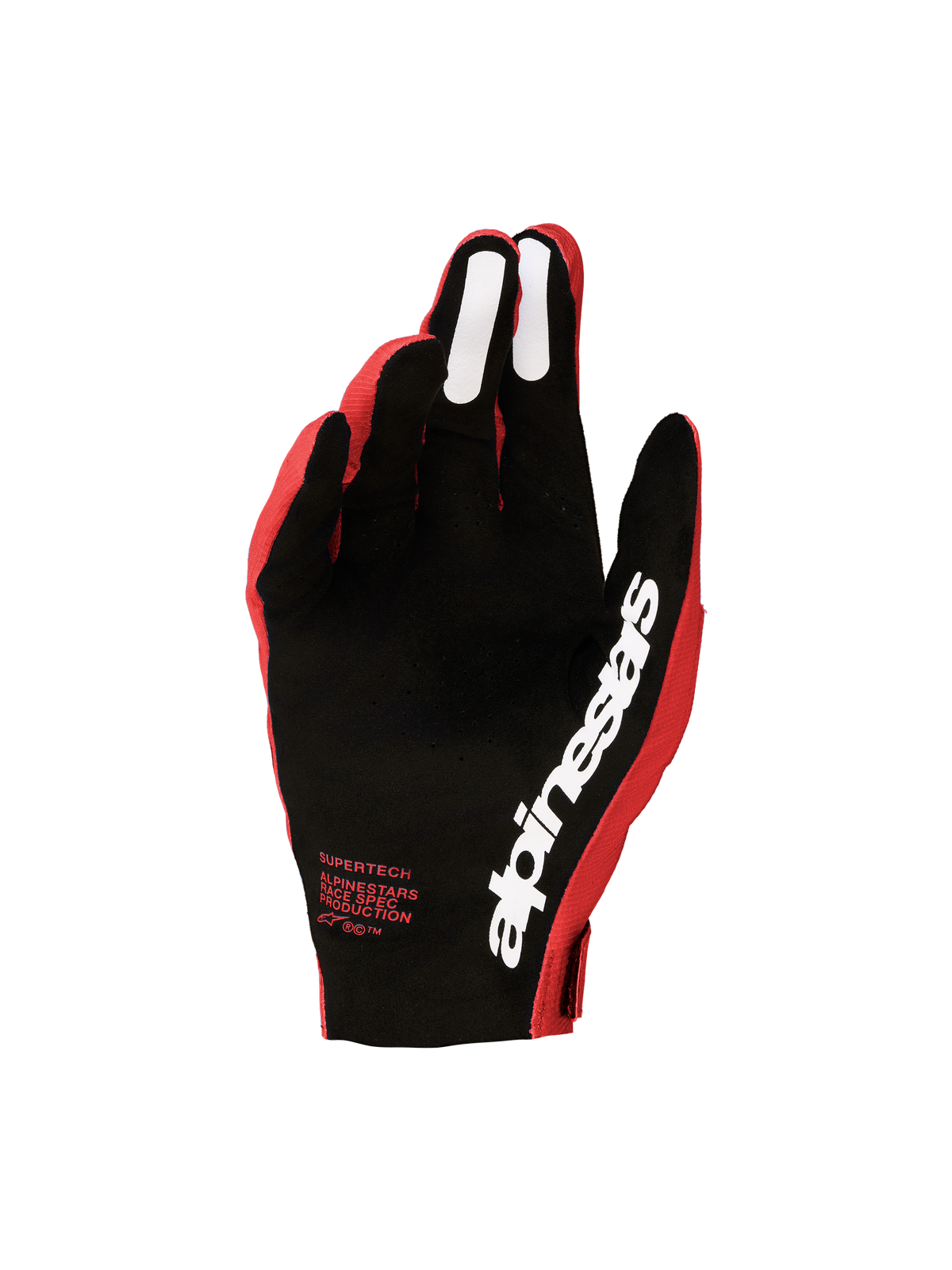 Alpinestars Supertech MX Handschuhe 2027, Herren-Motocross-Handschuhe, Rot und Schwarz, Handflächenansicht mit perforierter Innenhand, weißem Alpinestars-Branding und Silikon-Grip.