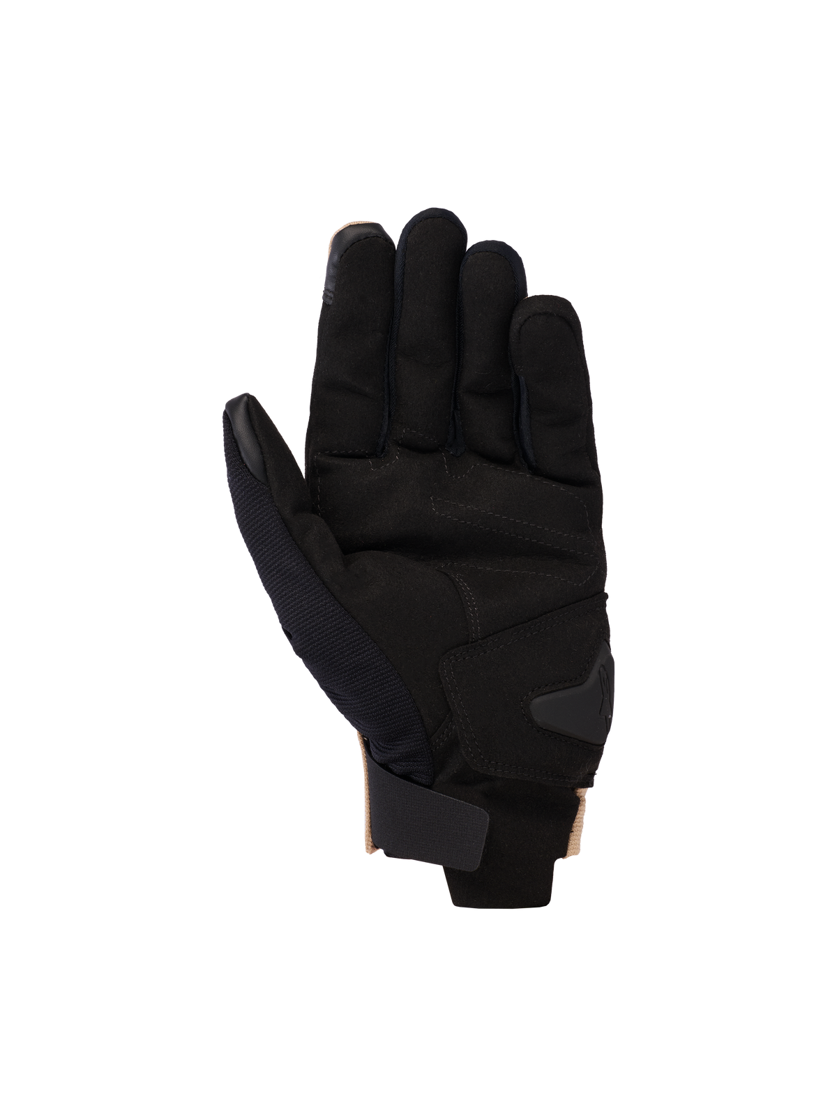 Alpinestars 2025 Reef V2 Handschuhe, Motorradhandschuhe, Sand-Schwarz, Handflächenansicht mit synthetischer Wildlederhandfläche und gepolsterter Verstärkung, kurze Manschette mit Klettverschluss und Touchscreen-kompatible Fingerspitzen