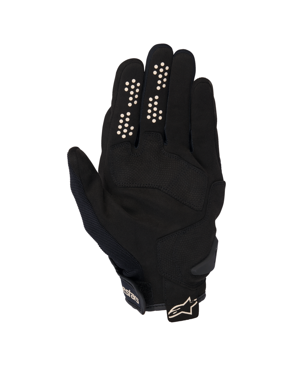 Alpinestars Chrome V2 Handschoenen, urban motorhandschoenen, zwart en almond, binnenzijde van de hand met synthetisch suède handpalm, siliconen gripstippen op wijs- en middelvinger, korte manchet met verstelbare band en logo.