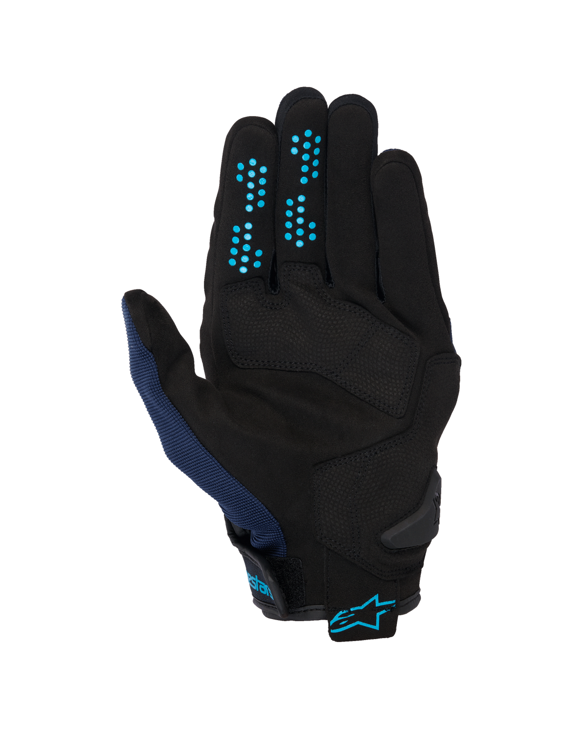 Alpinestars Chrome V2 Gloves, Dark Blue Hawaiian Ocean, palm view, black synthetic suede construction with blue silicone grip dots on fingers, breathable mesh on thumb, and adjustable cuff with blue Alpinestars logo.