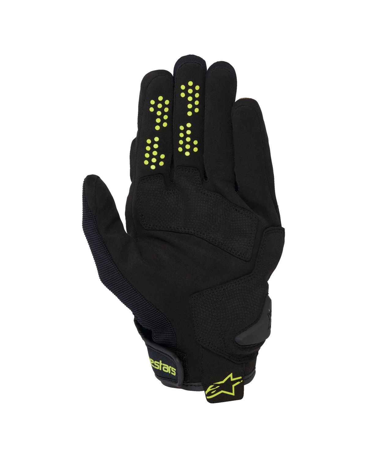 Gants Alpinestars Chrome V2, gants de moto à manchette courte, noir avec accents jaune fluo, vue de la paume montrant la construction en suède synthétique, points d'adhérence en silicone sur les doigts et fermeture du poignet par crochet et boucle avec marquage Alpinestars.