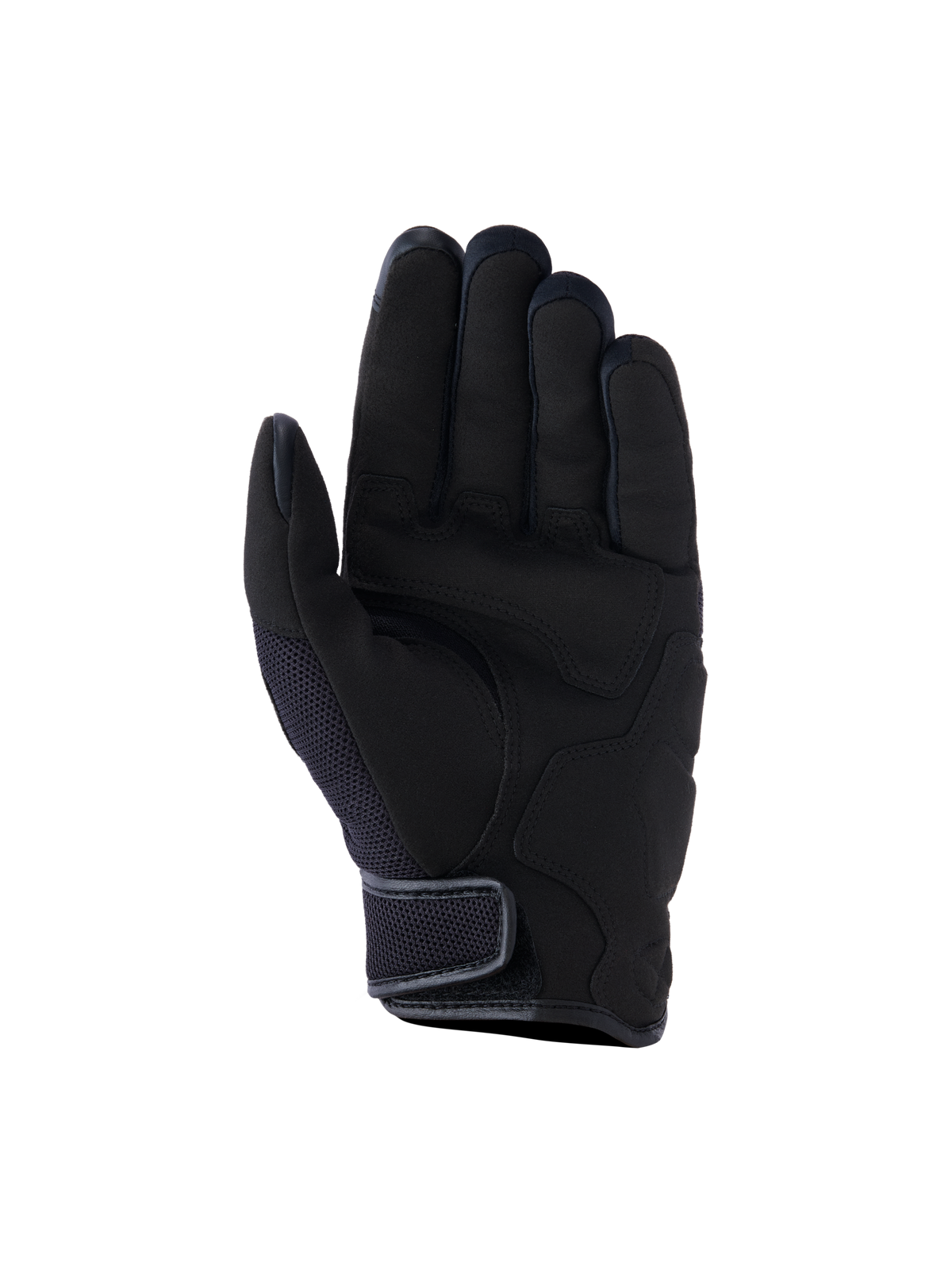 Alpinestars Ignite handschoenen, urban motorhandschoenen, zwart, aanzicht van de handpalm met synthetische suède handpalmversterkingen, ademende mesh-inzetstukken en korte manchetsluiting met klittenband