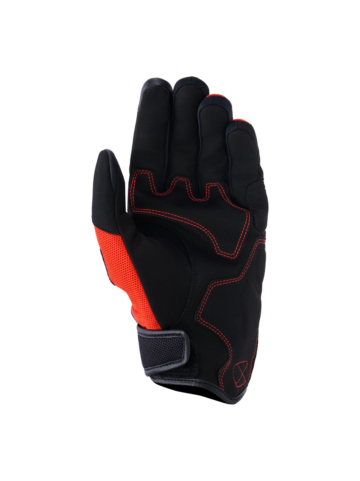 Alpinestars Ignite Handschuhe, Handflächenansicht, Schwarz und Red Tangerine, Handfläche aus synthetischem Wildleder mit roten Kontrastnähten, Mesh-Seiteneinsatz, kurze Stulpe mit Klettverschluss, urbane Motorradausrüstung für Pendler